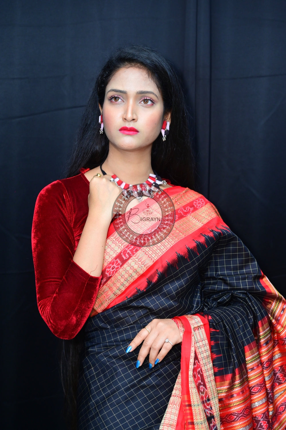 Black Red Sachipar Sambalpuri Silk Saree