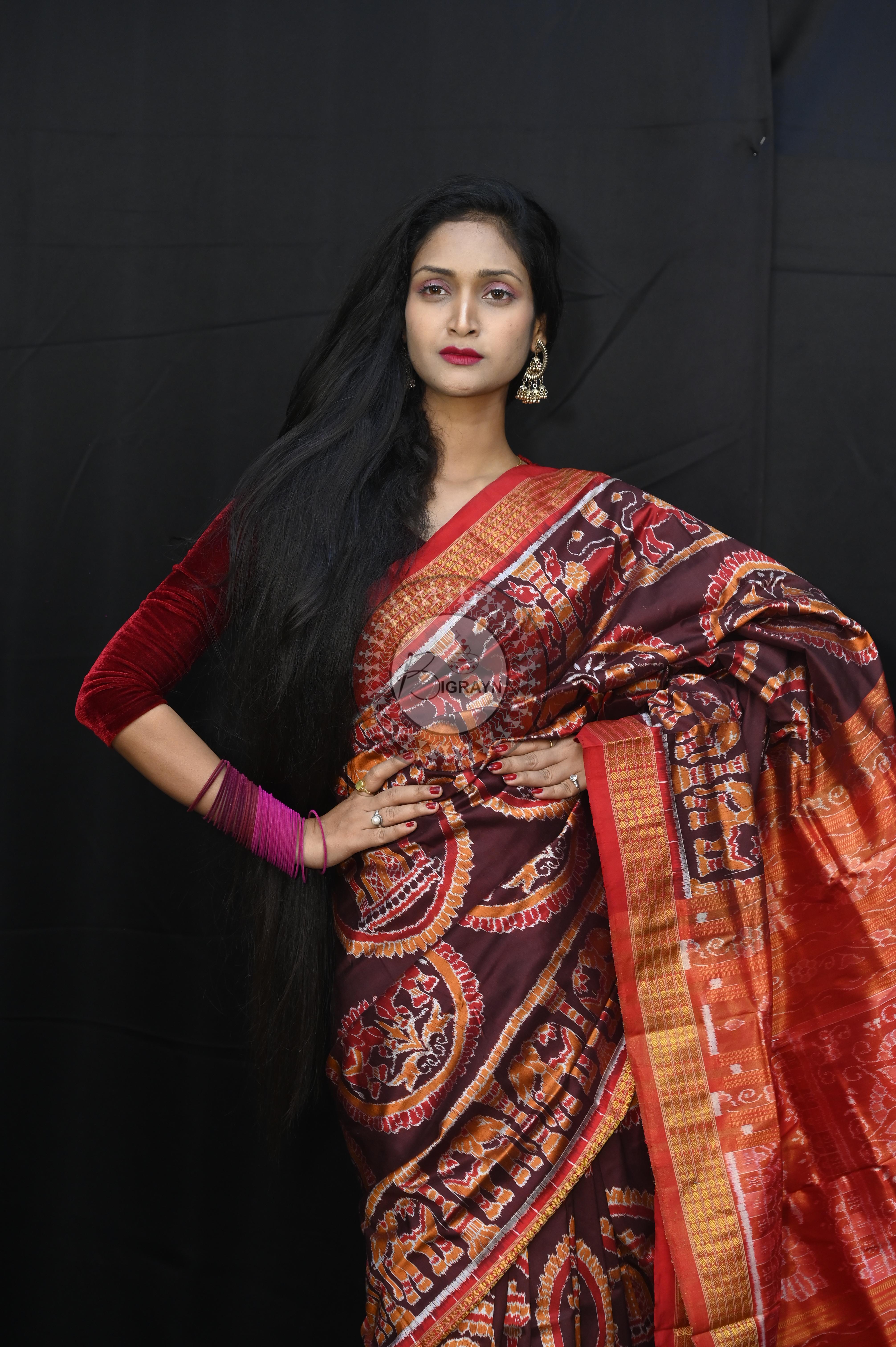 Red maroon animal half tissue Silk Saree
