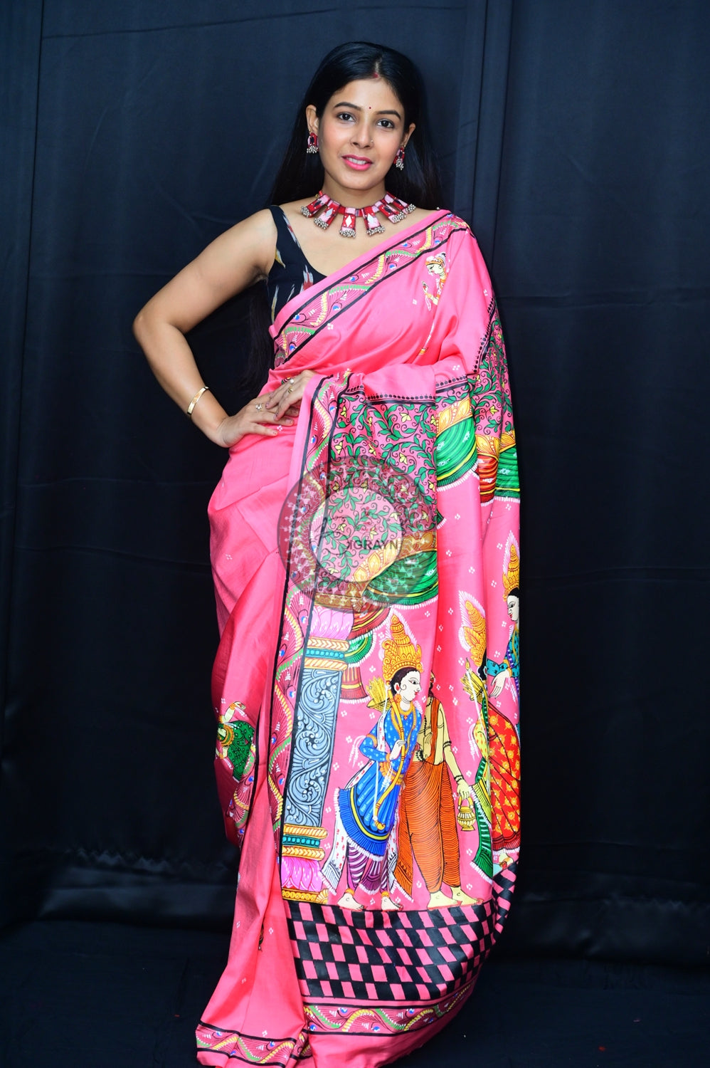 Pink Multicolour Rama Sita Vivah Pattachitra Silk Saree