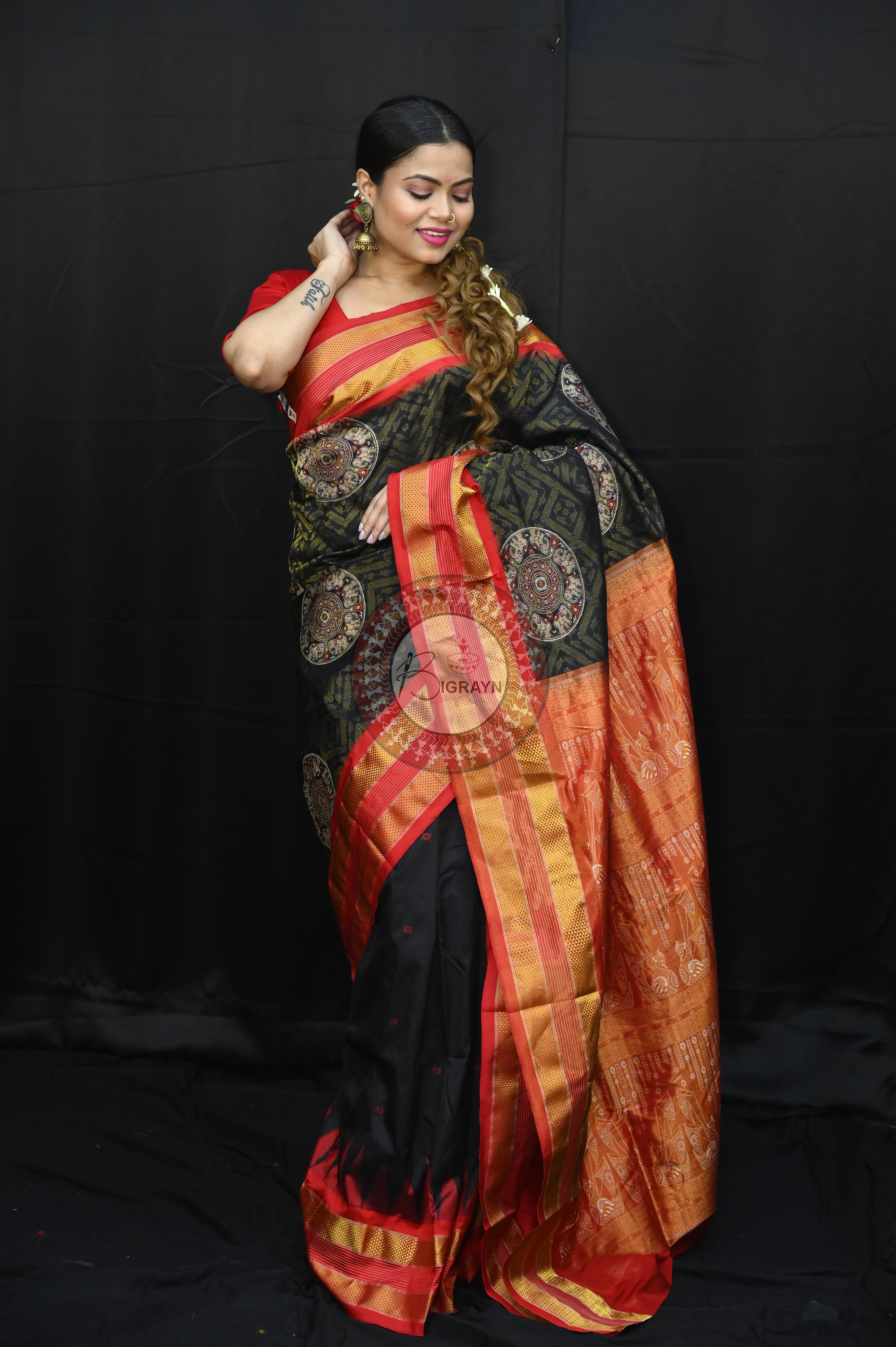 "Odisha Handloom Tissue Silk Saree with shimmering texture, elegant zari border, and lightweight drape, handcrafted by artisans"
