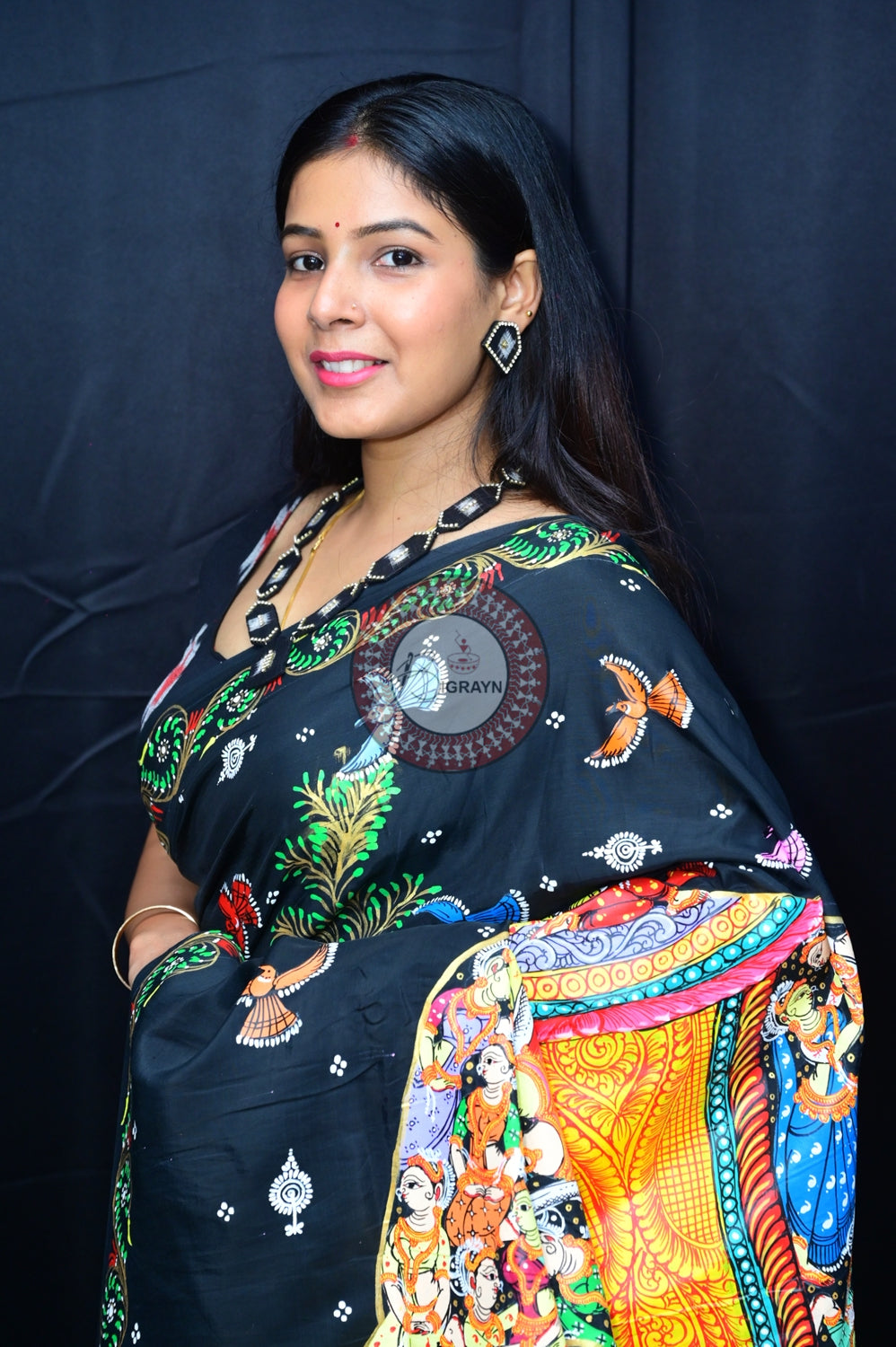 Black Kandarpa Hasti Pattachitra Silk Saree