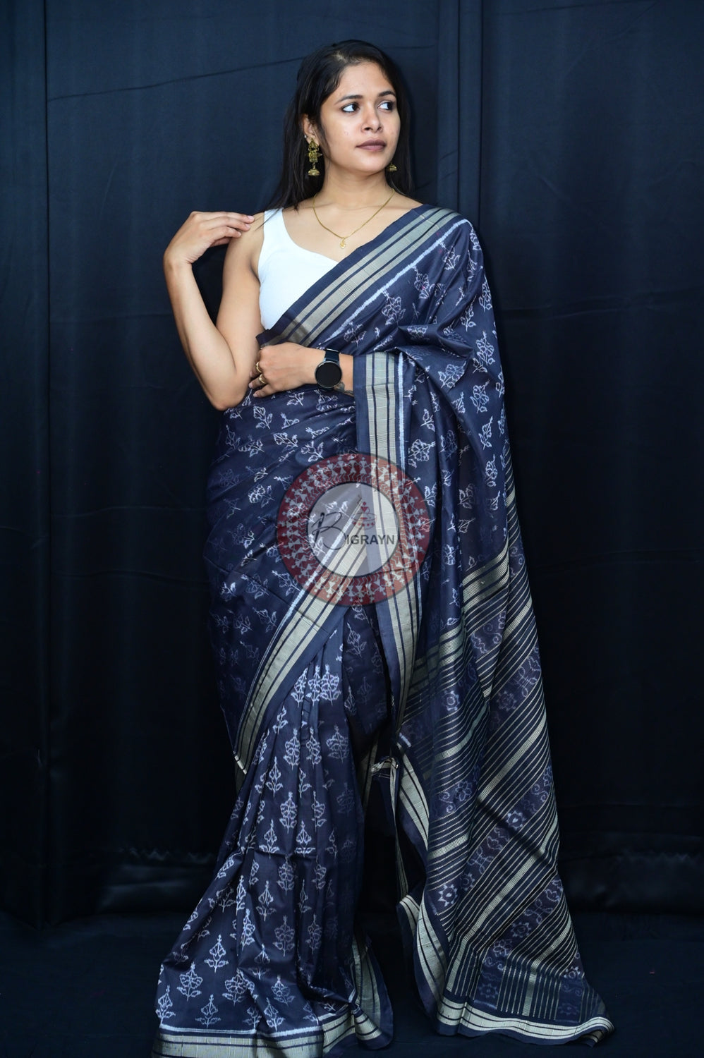 Black Hibiscus Natural Dye Silk Saree
