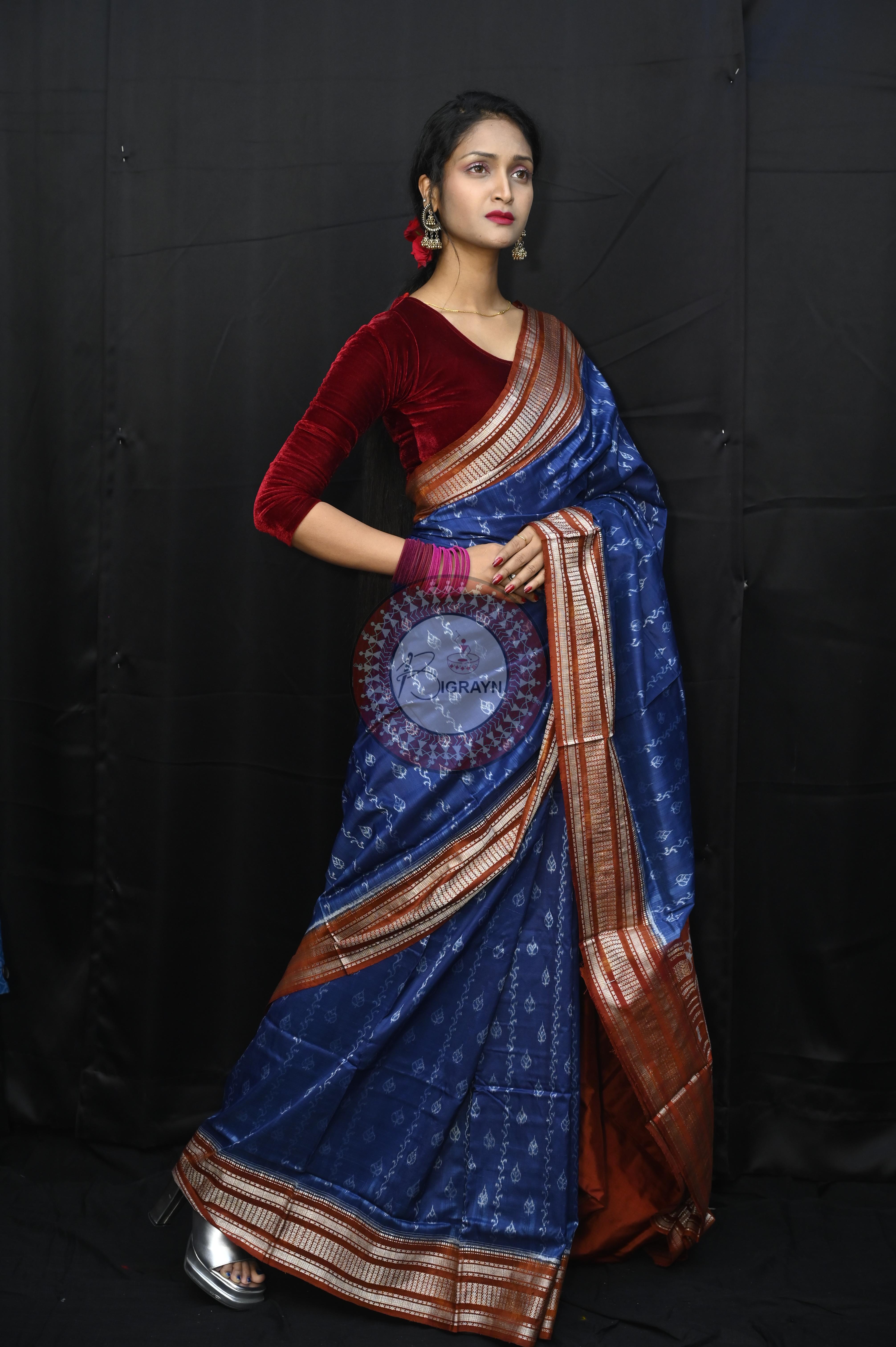 Indigo Blue Maroon Leaf Design Natural Dye Sambalpuri Silk Saree
