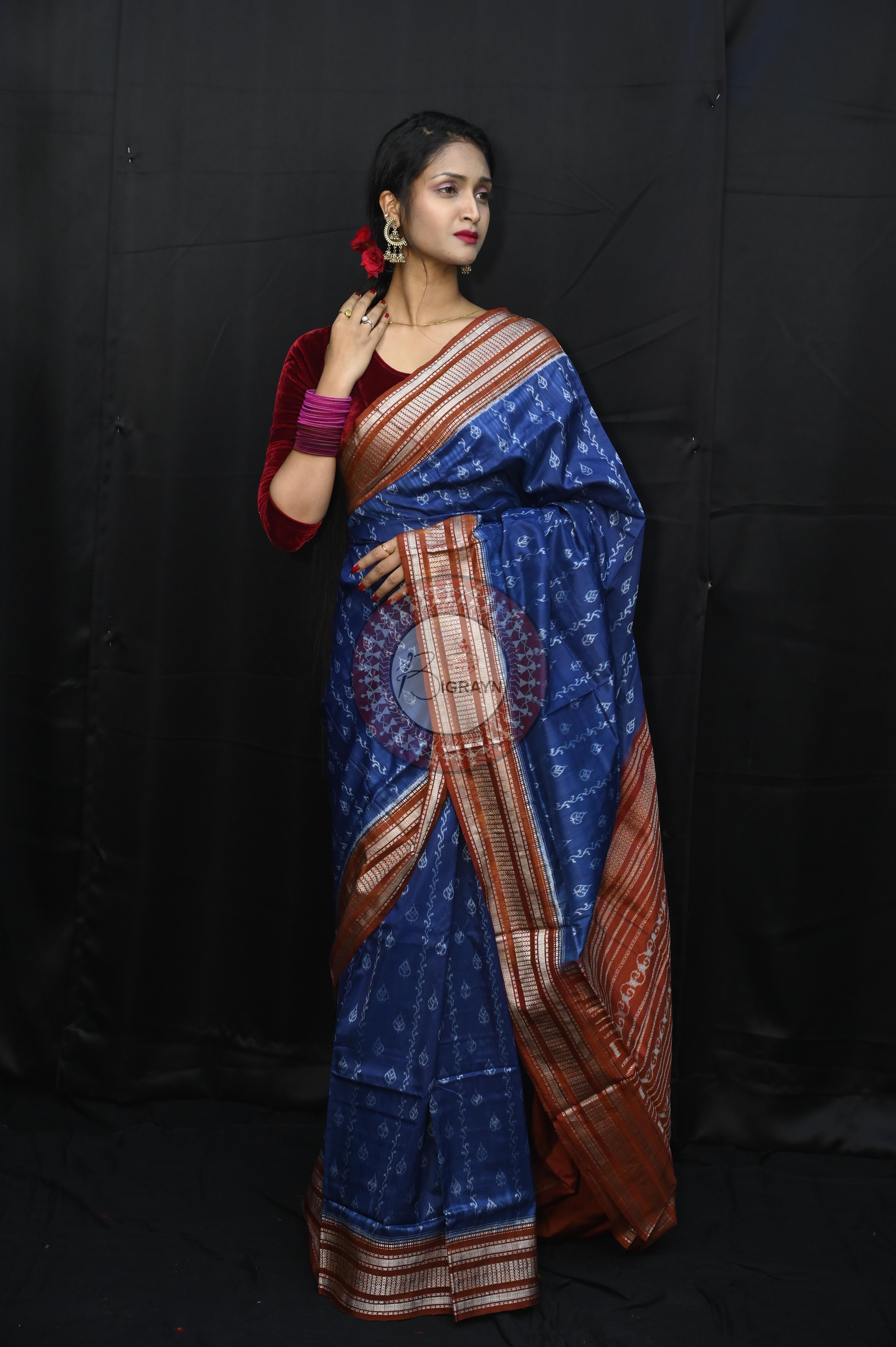 Indigo Blue Maroon Leaf Design Natural Dye Sambalpuri Silk Saree