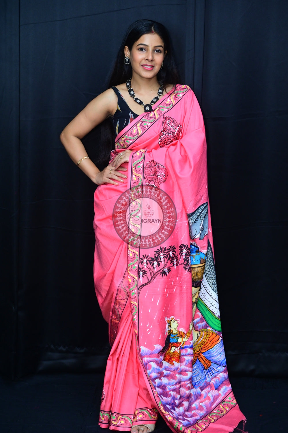 Pink Krishna Birth Pattachitra Silk Saree
