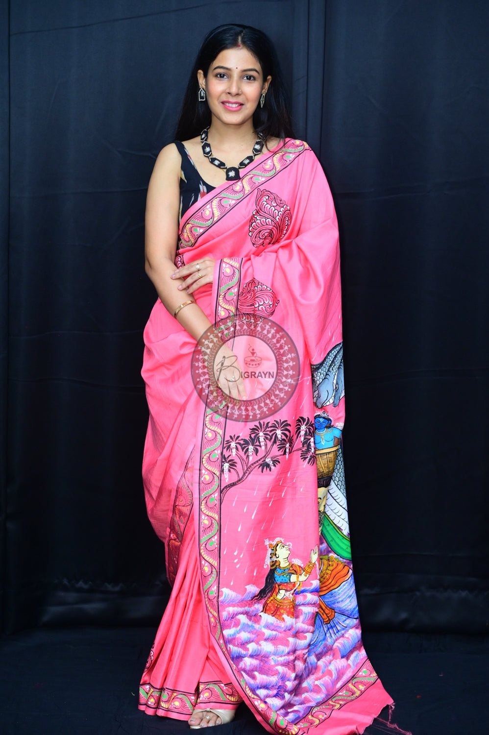 Pink Krishna Birth Pattachitra Silk Saree