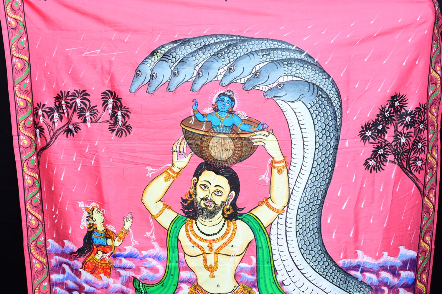 Pink Krishna Birth Pattachitra Silk Saree