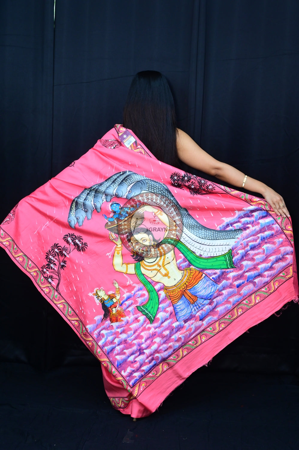 Pink Krishna Birth Pattachitra Silk Saree
