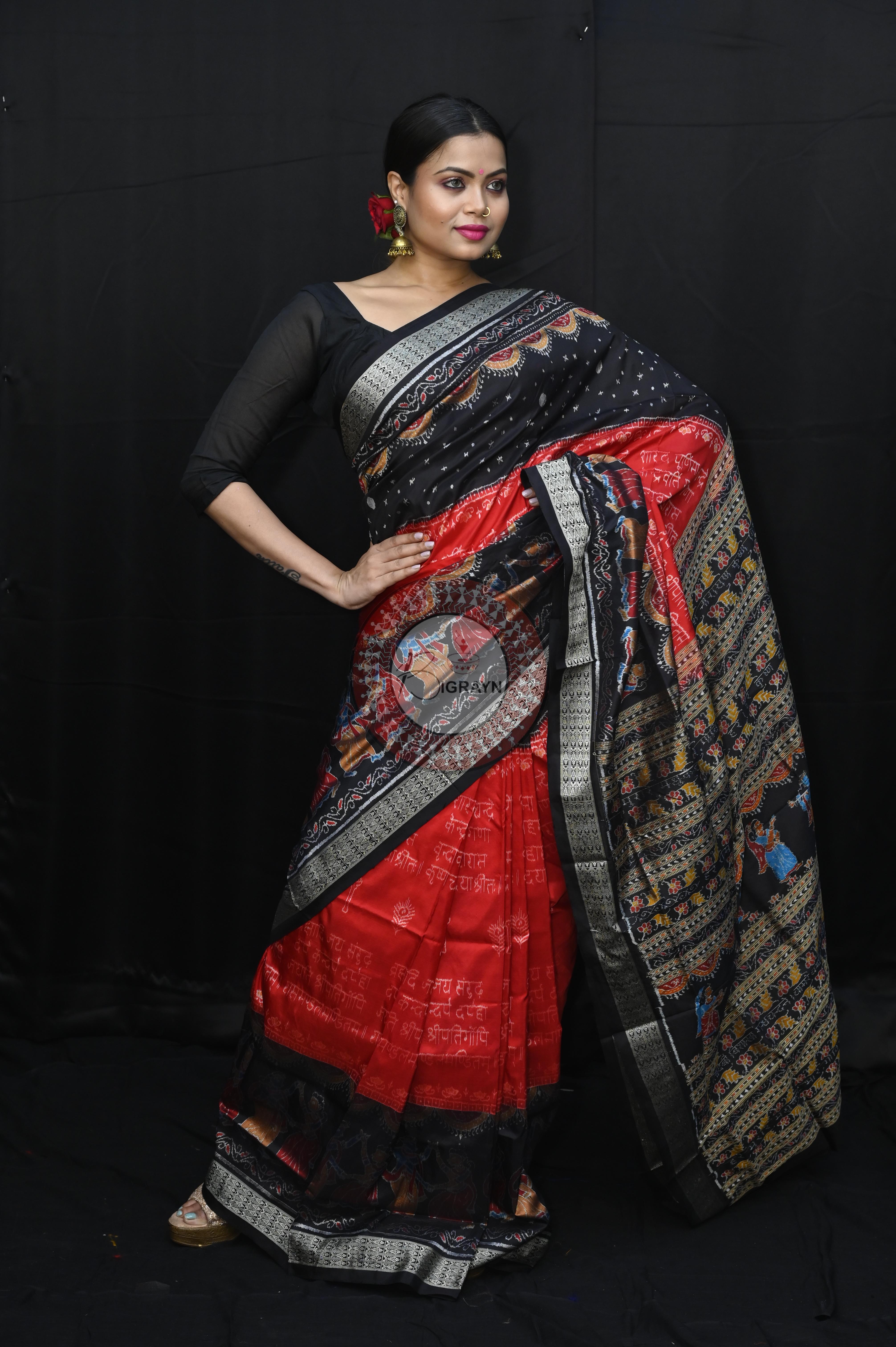 Red Black Exclusive Asta Sakhi National Awarded Sambalpuri Silk Saree