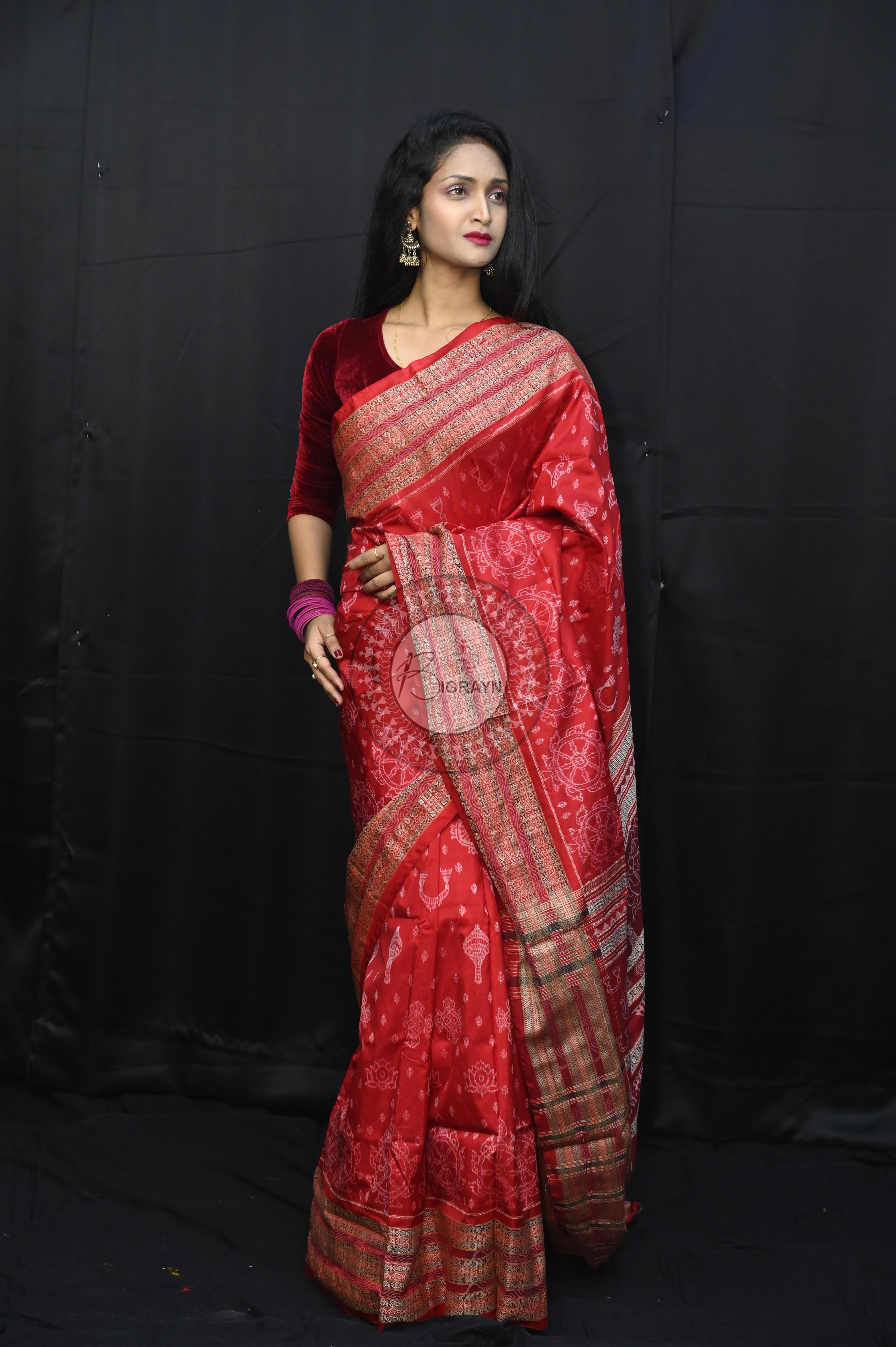 Red Nilachakra National Awarded Master Weave Sambalpuri Silk Saree