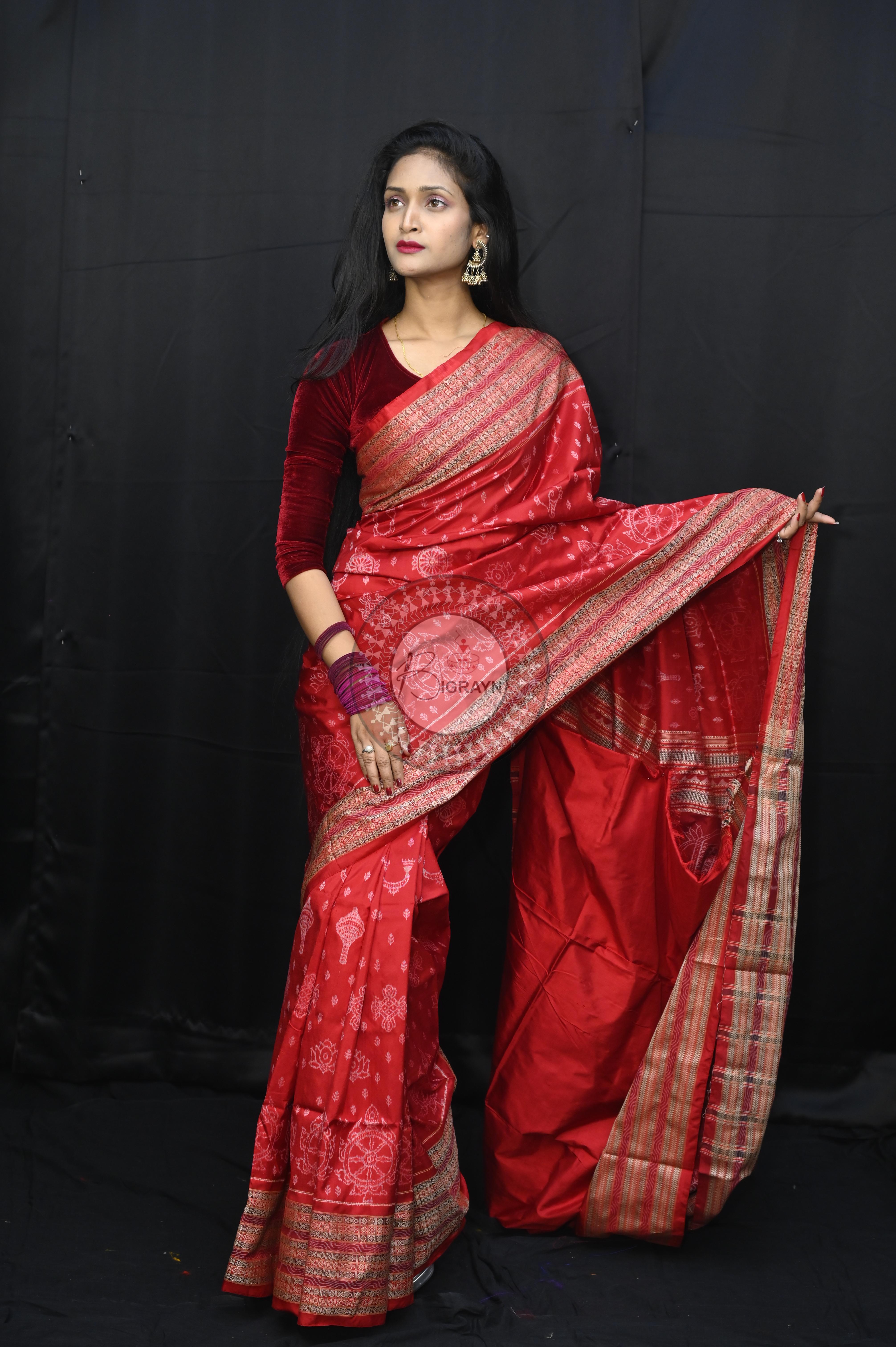Red Nilachakra National Awarded Master Weave Sambalpuri Silk Saree