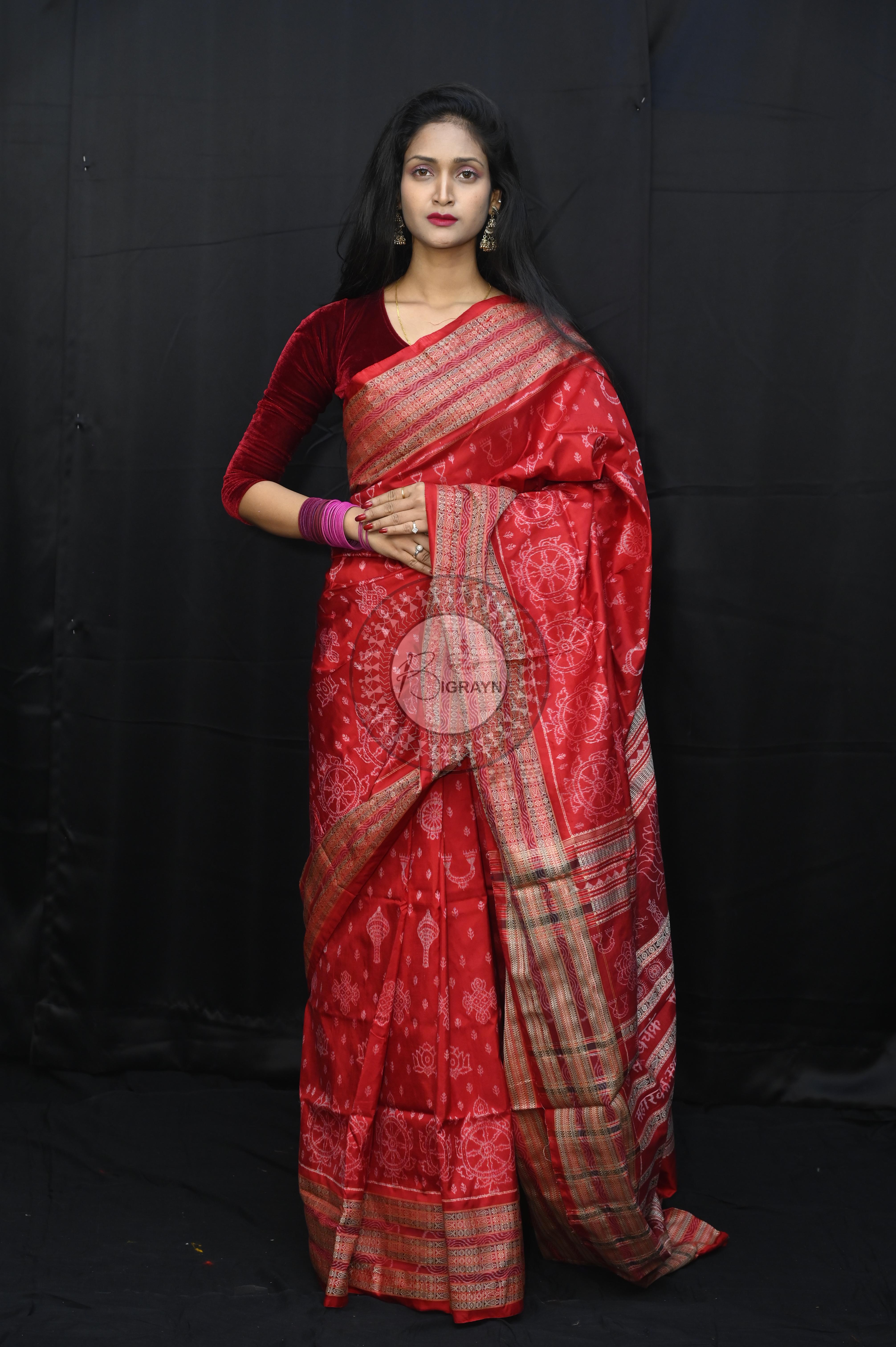 Red Nilachakra National Awarded Master Weave Sambalpuri Silk Saree