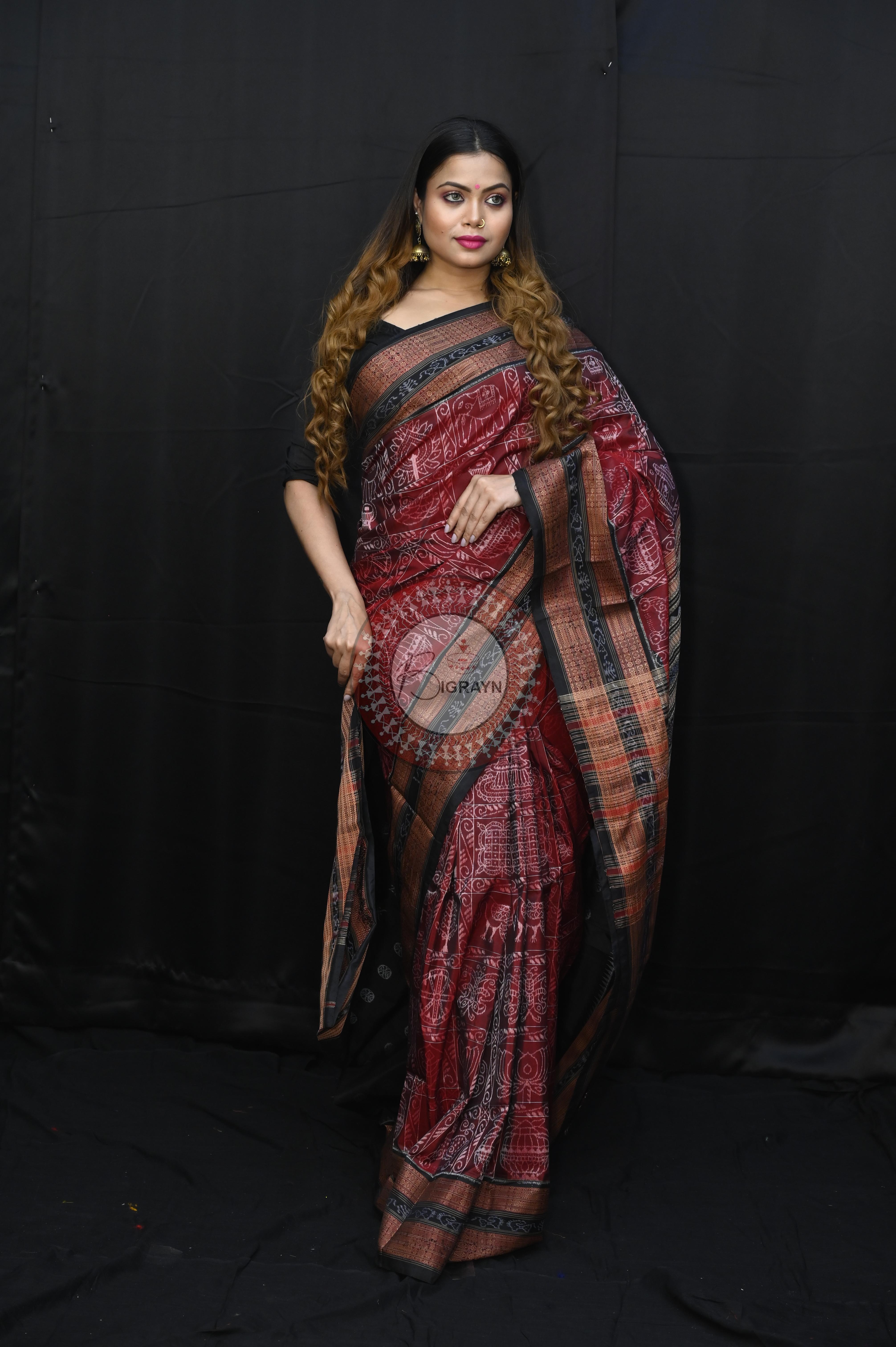 Maroon Black Nabakothi National Awarded Master Weave Sambalpuri Silk Saree