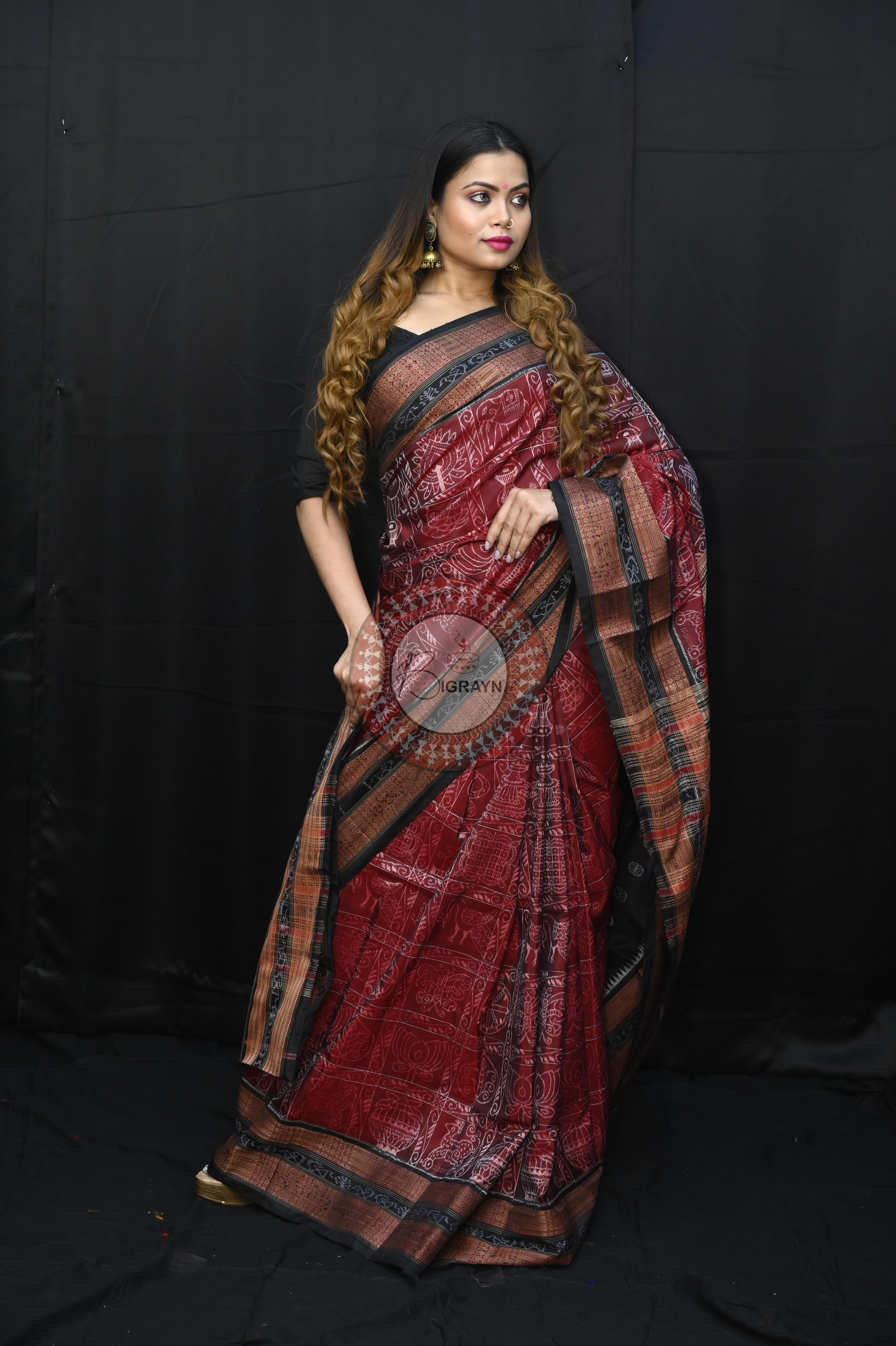 Maroon Black Nabakothi National Awarded Master Weave Sambalpuri Silk Saree