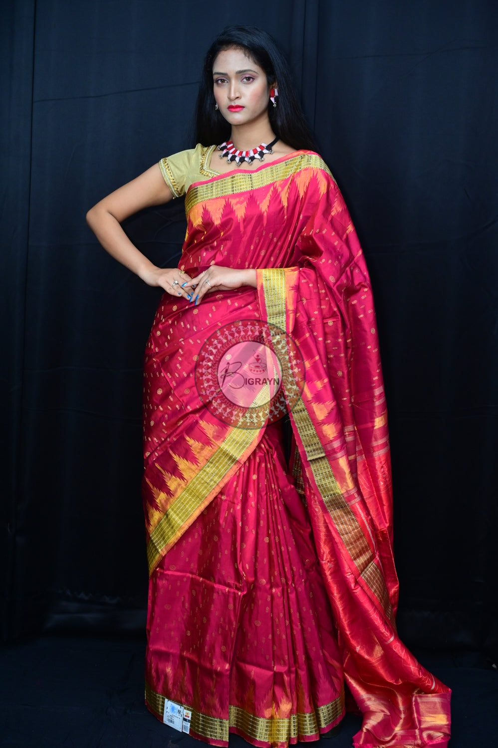 "Odisha Handloom Tissue Silk Saree with shimmering texture, elegant zari border, and lightweight drape, handcrafted by artisans"