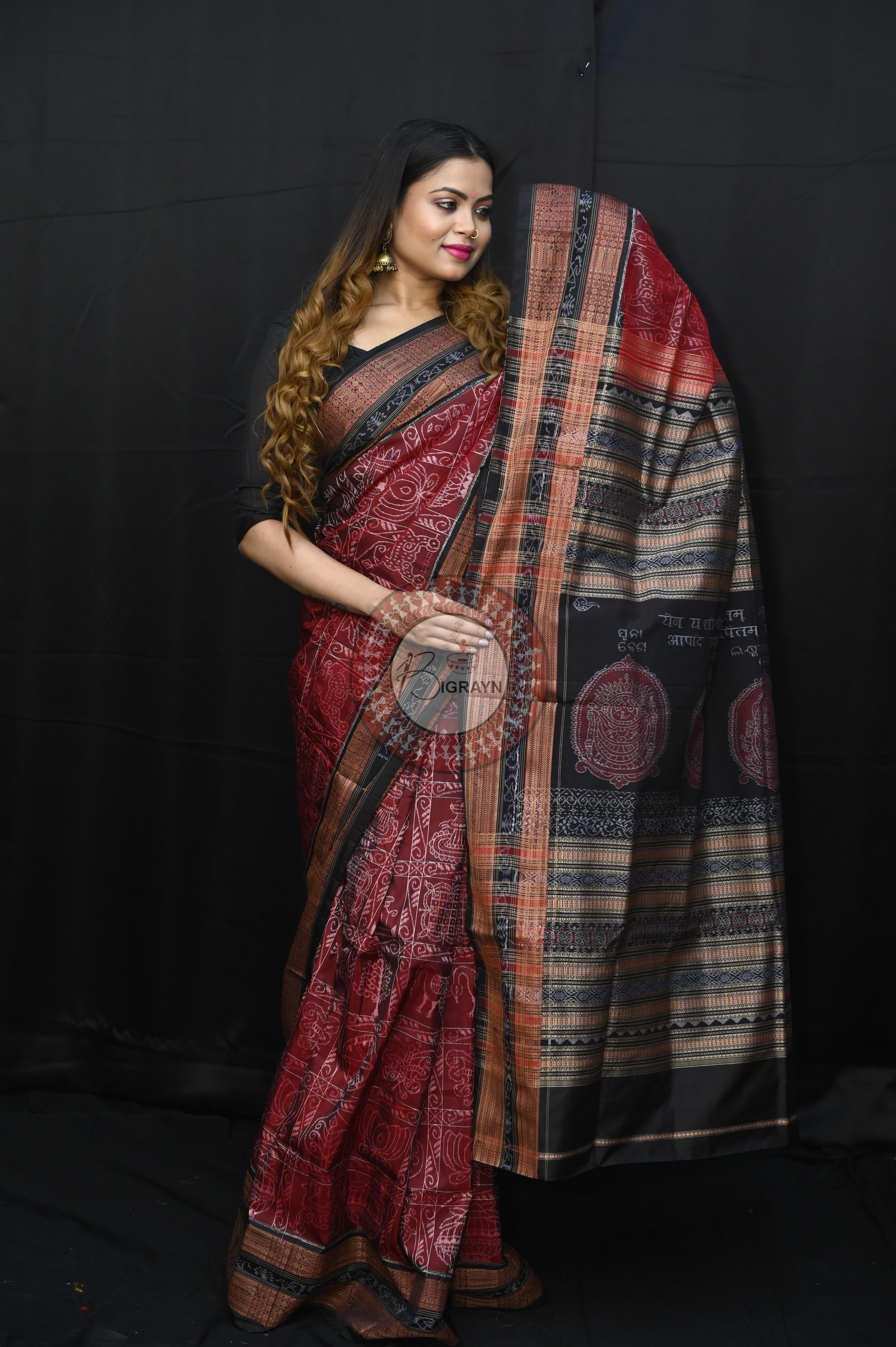 Maroon Black Nabakothi National Awarded Master Weave Sambalpuri Silk Saree