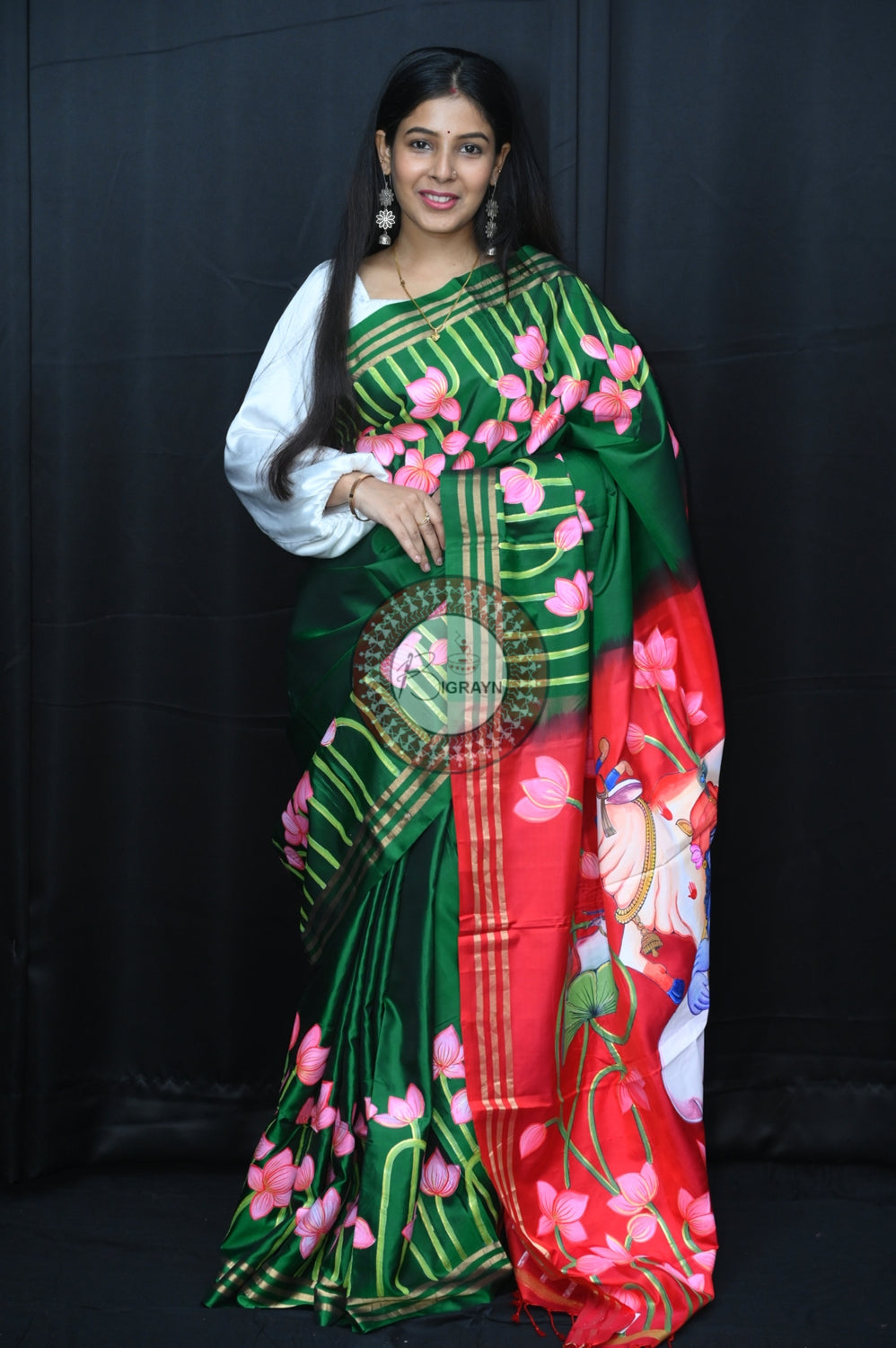 Green Red Krishna Pichwai Pattachitra Silk Saree