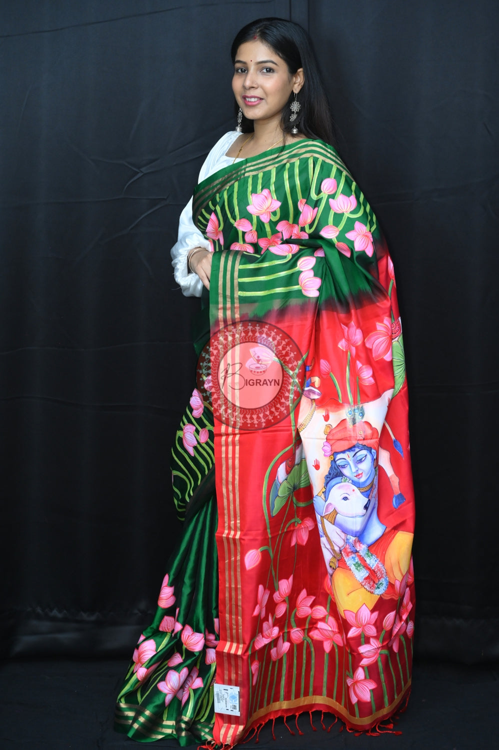 Green Red Krishna Pichwai Pattachitra Silk Saree