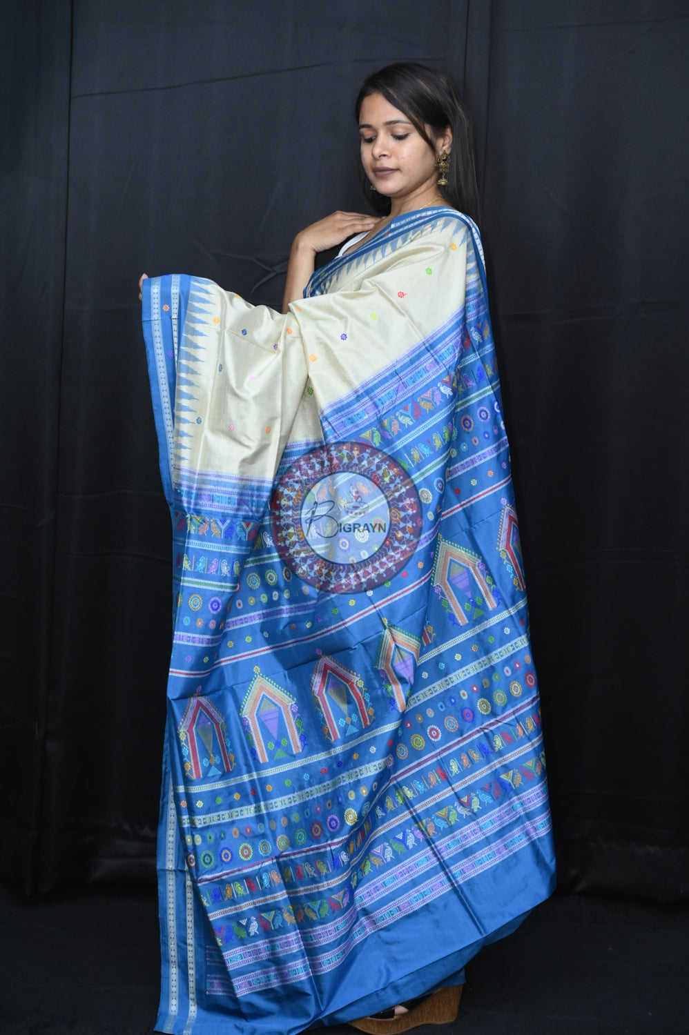 Cement Teal Blue Dolabedi Silk Saree