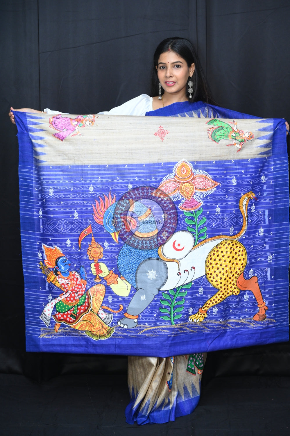 Tussarite Maroon Nabagunjara Pattachitra Tussar Silk Saree