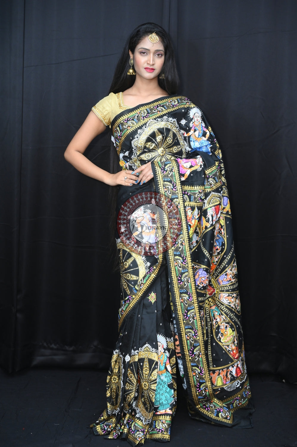 Black Heavy Work Konark Chakra Pattachitra Silk Saree
