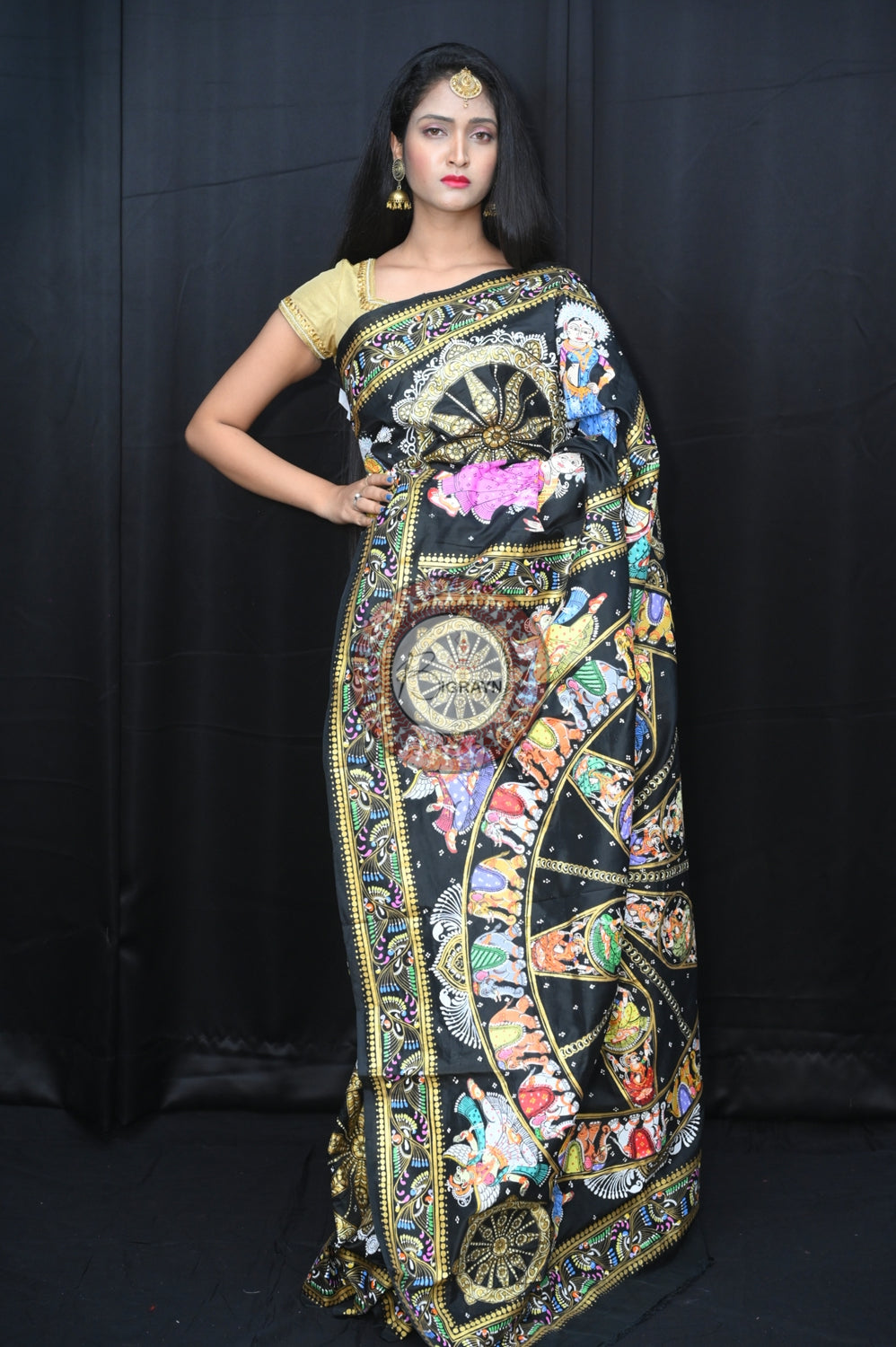 Black Heavy Work Konark Chakra Pattachitra Silk Saree