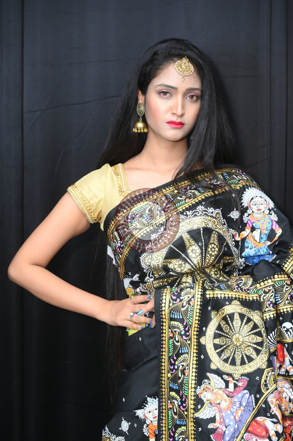 Black Heavy Work Konark Chakra Pattachitra Silk Saree