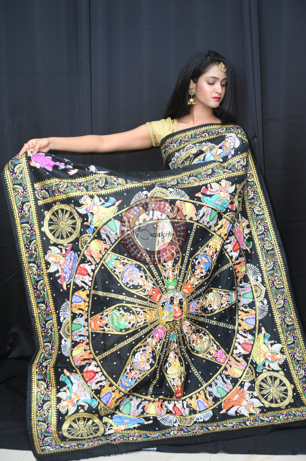 Black Heavy Work Konark Chakra Pattachitra Silk Saree