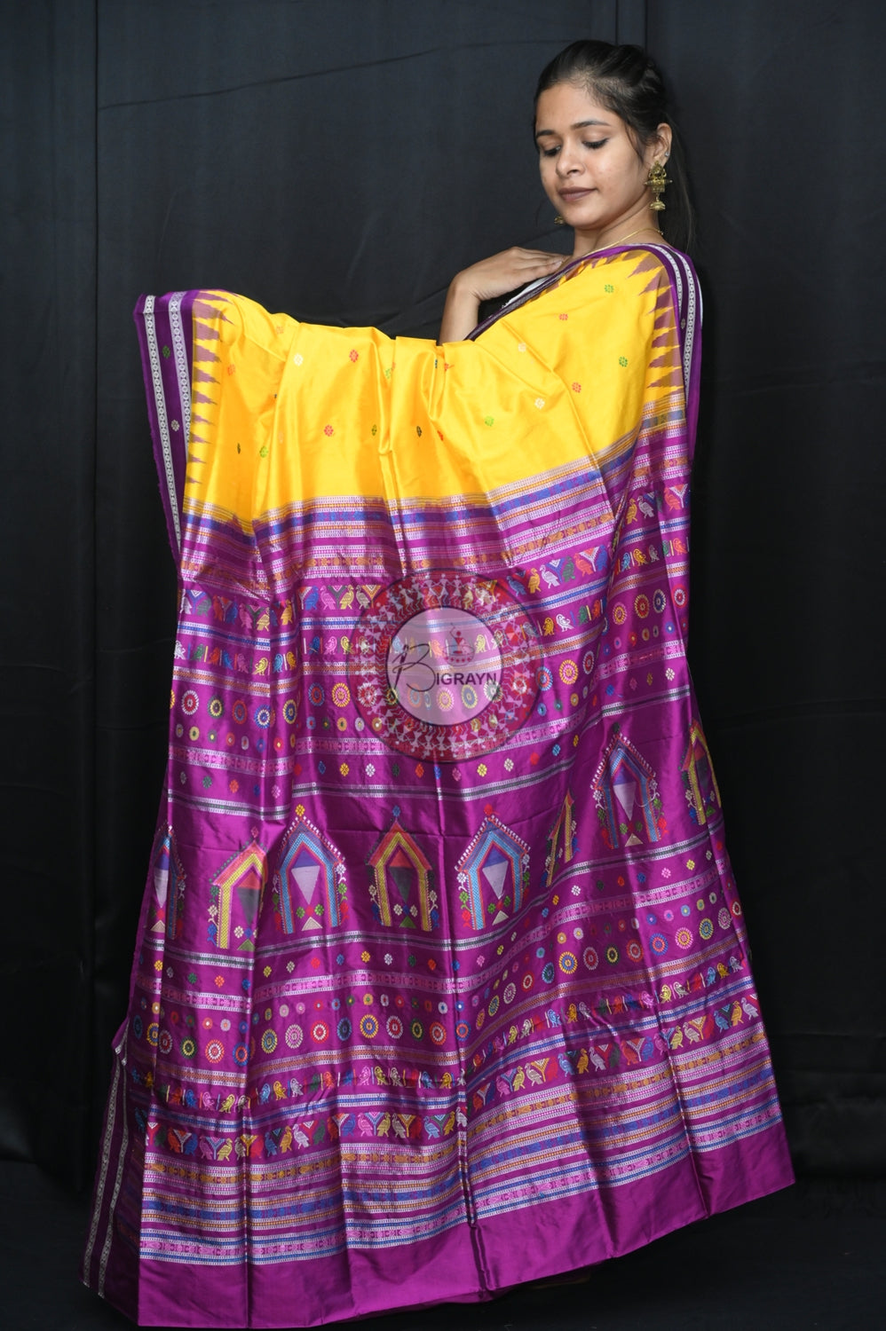 Yellow Purple Dolabedi Silk Saree