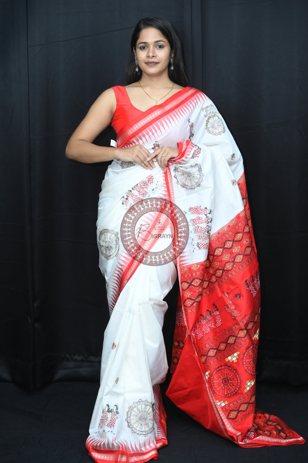 White Red Dancer Thin Work Sambalpuri Silk Pattachitra Saree