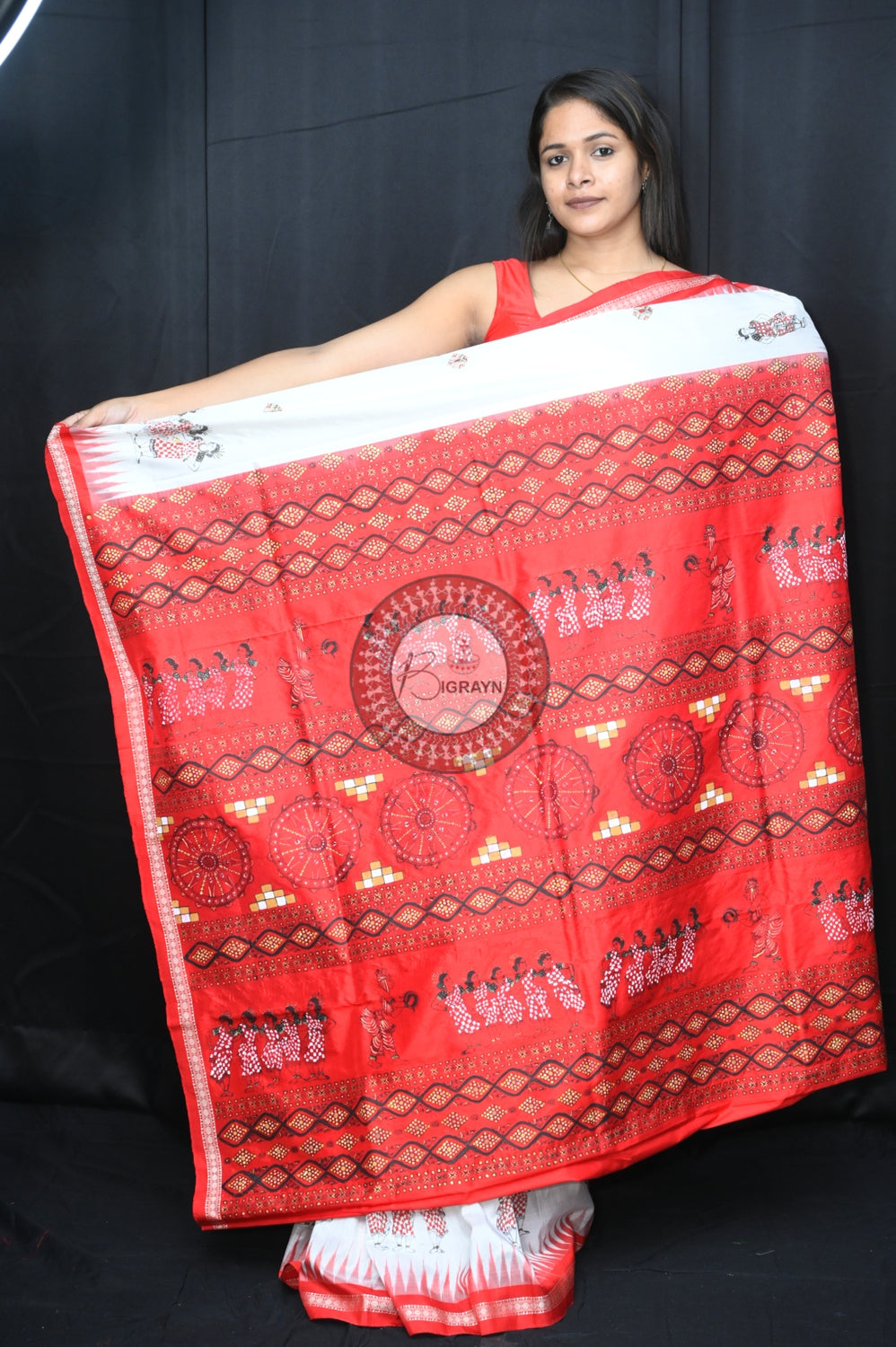 White Red Dancer Thin Work Sambalpuri Silk Pattachitra Saree