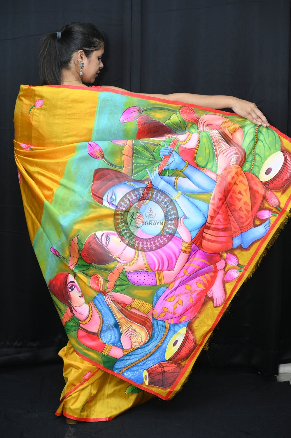 Radha Krishna Modern Art Silk Saree (Pattachitra)