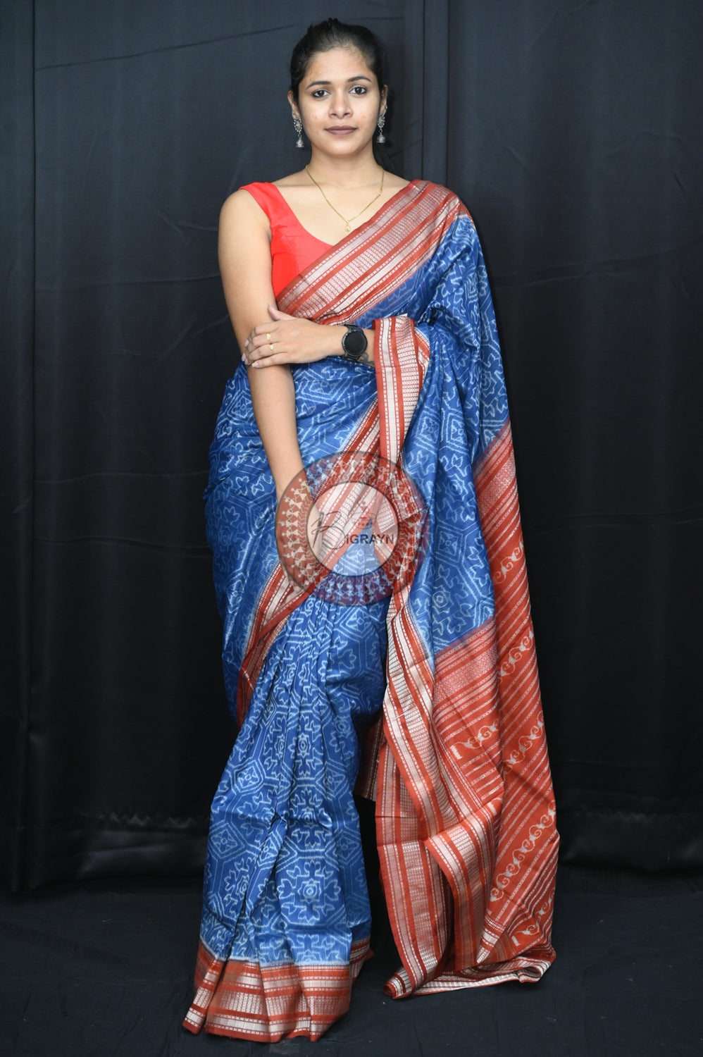 Blue Maroon Laxmi Yantra Natural Dye Silk Saree