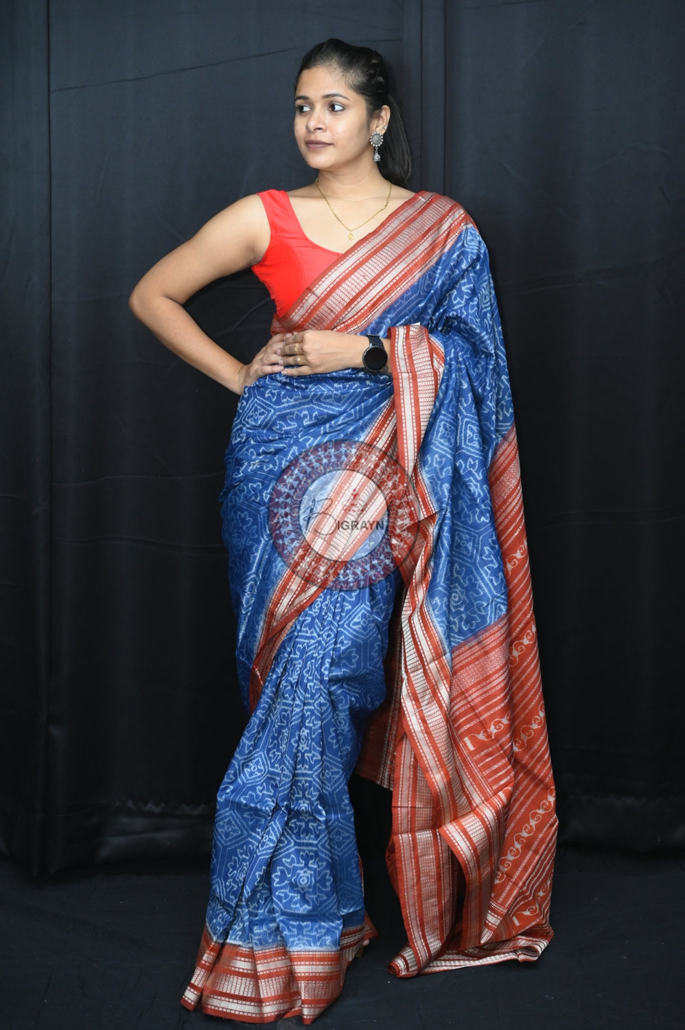 Blue Maroon Laxmi Yantra Natural Dye Silk Saree