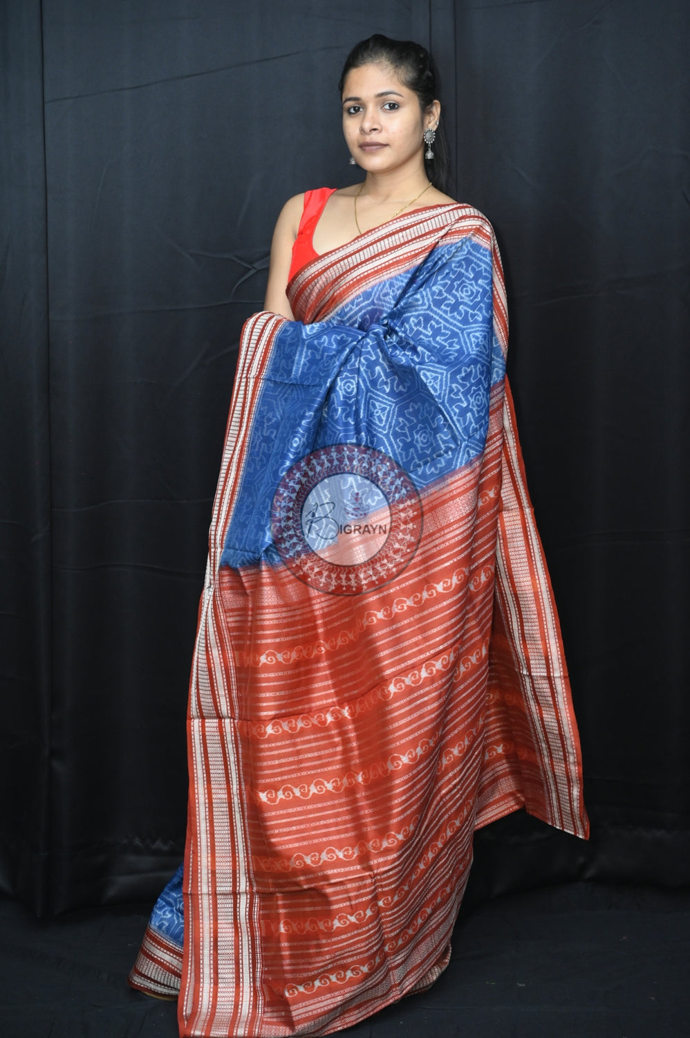 Blue Maroon Laxmi Yantra Natural Dye Silk Saree