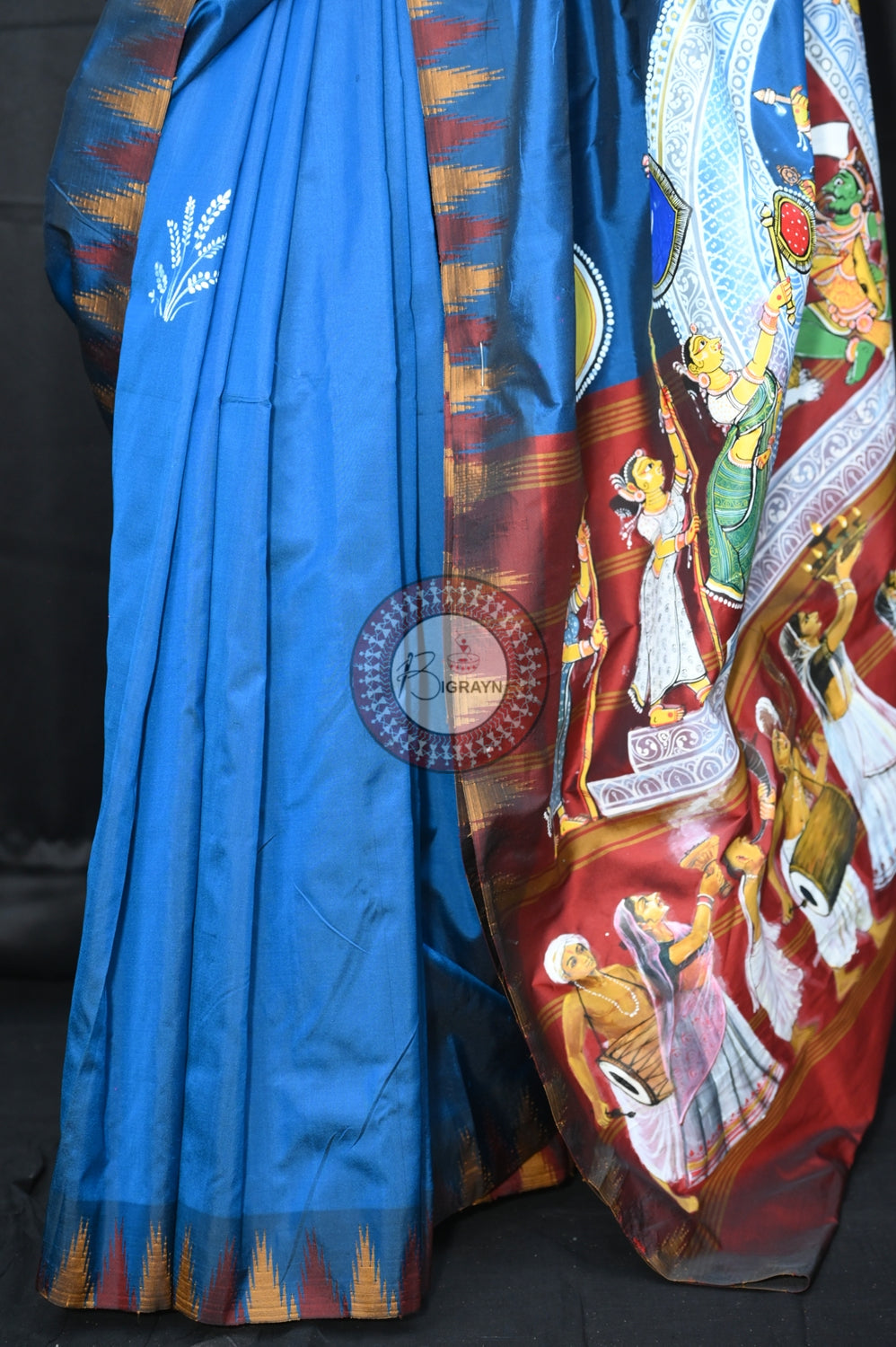 Blue Durga Puja Theme Exclusive Pattachitra Silk Saree