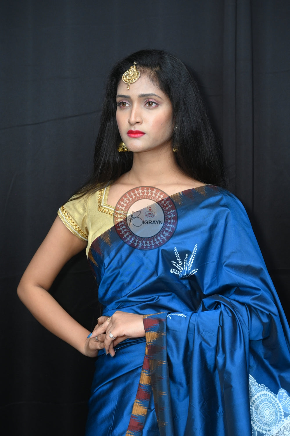 Blue Durga Puja Theme Exclusive Pattachitra Silk Saree