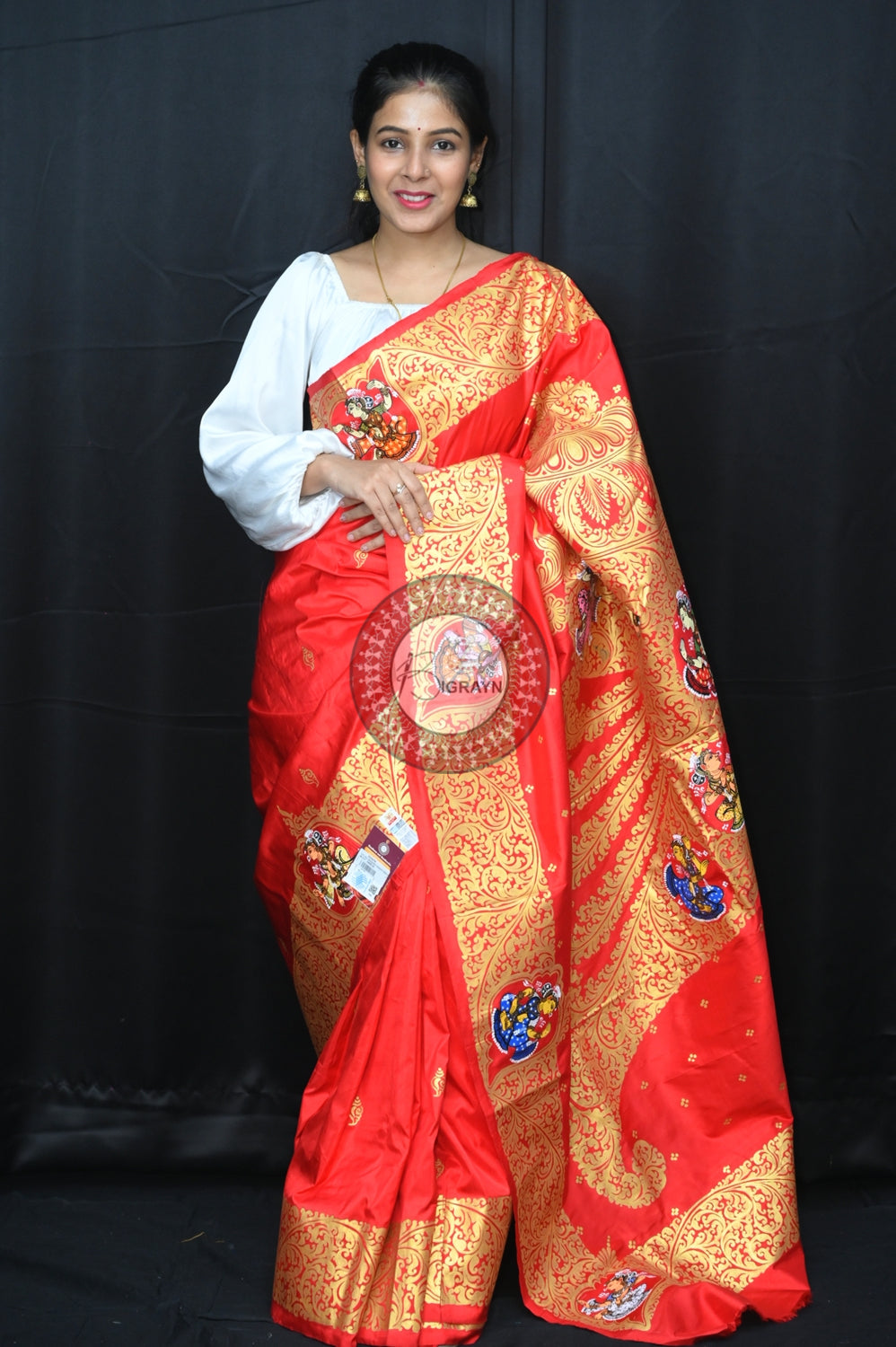 Red Kandarpa Sankha Pattachitra Silk Saree