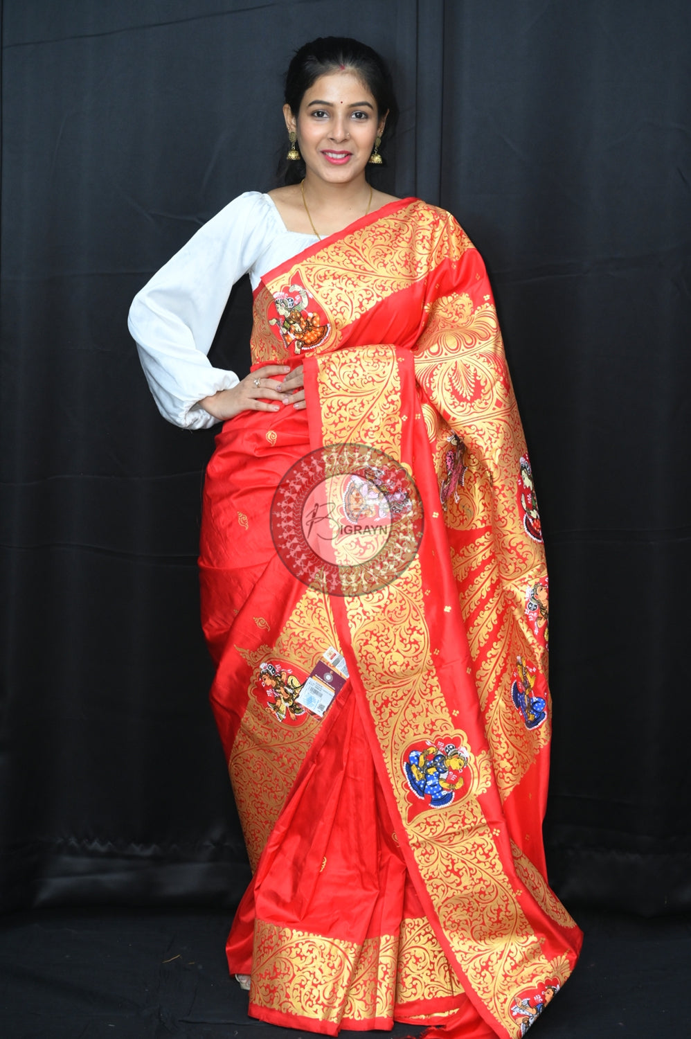 Red Kandarpa Sankha Pattachitra Silk Saree