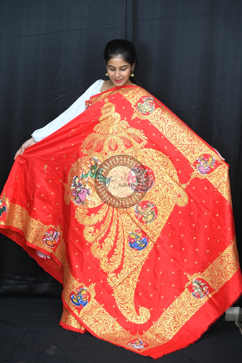Red Kandarpa Sankha Pattachitra Silk Saree