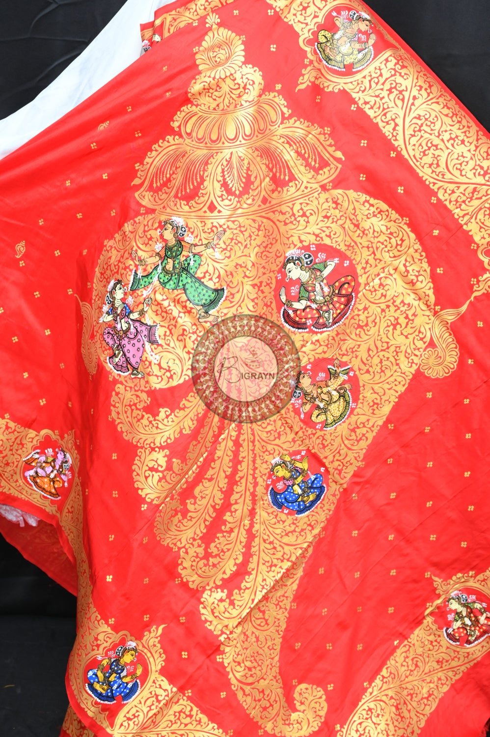 Red Kandarpa Sankha Pattachitra Silk Saree