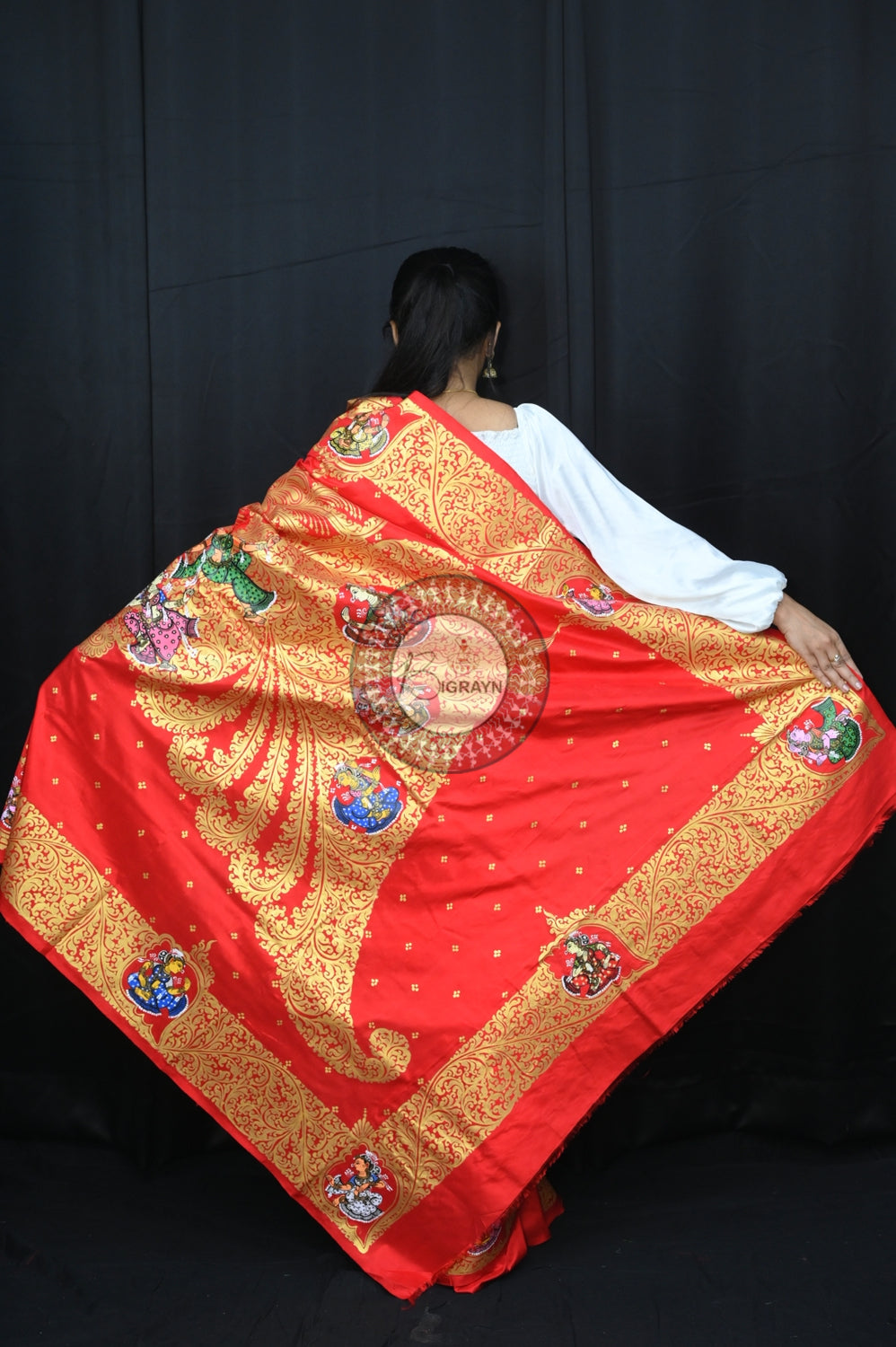 Red Kandarpa Sankha Pattachitra Silk Saree