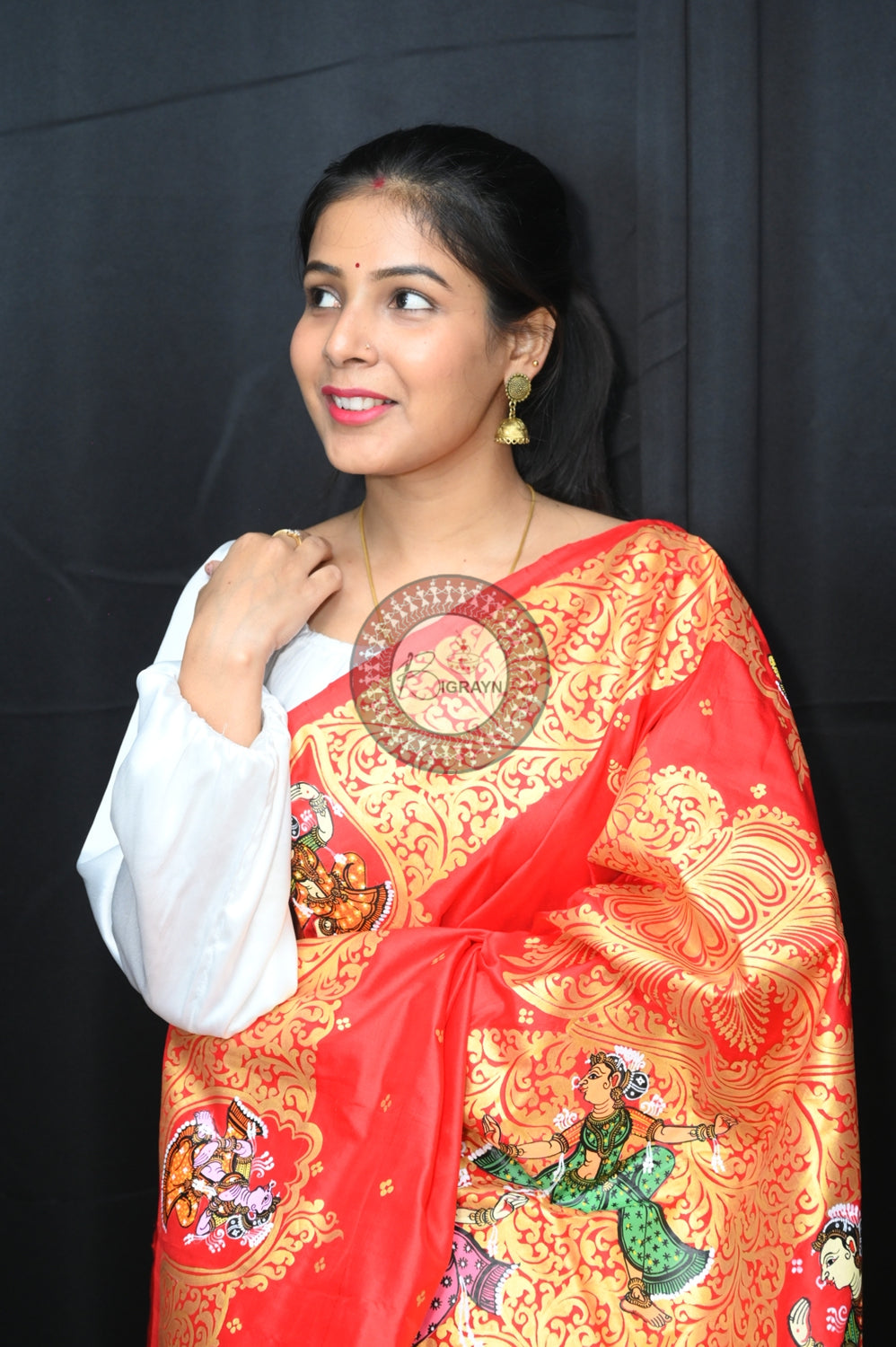Red Kandarpa Sankha Pattachitra Silk Saree