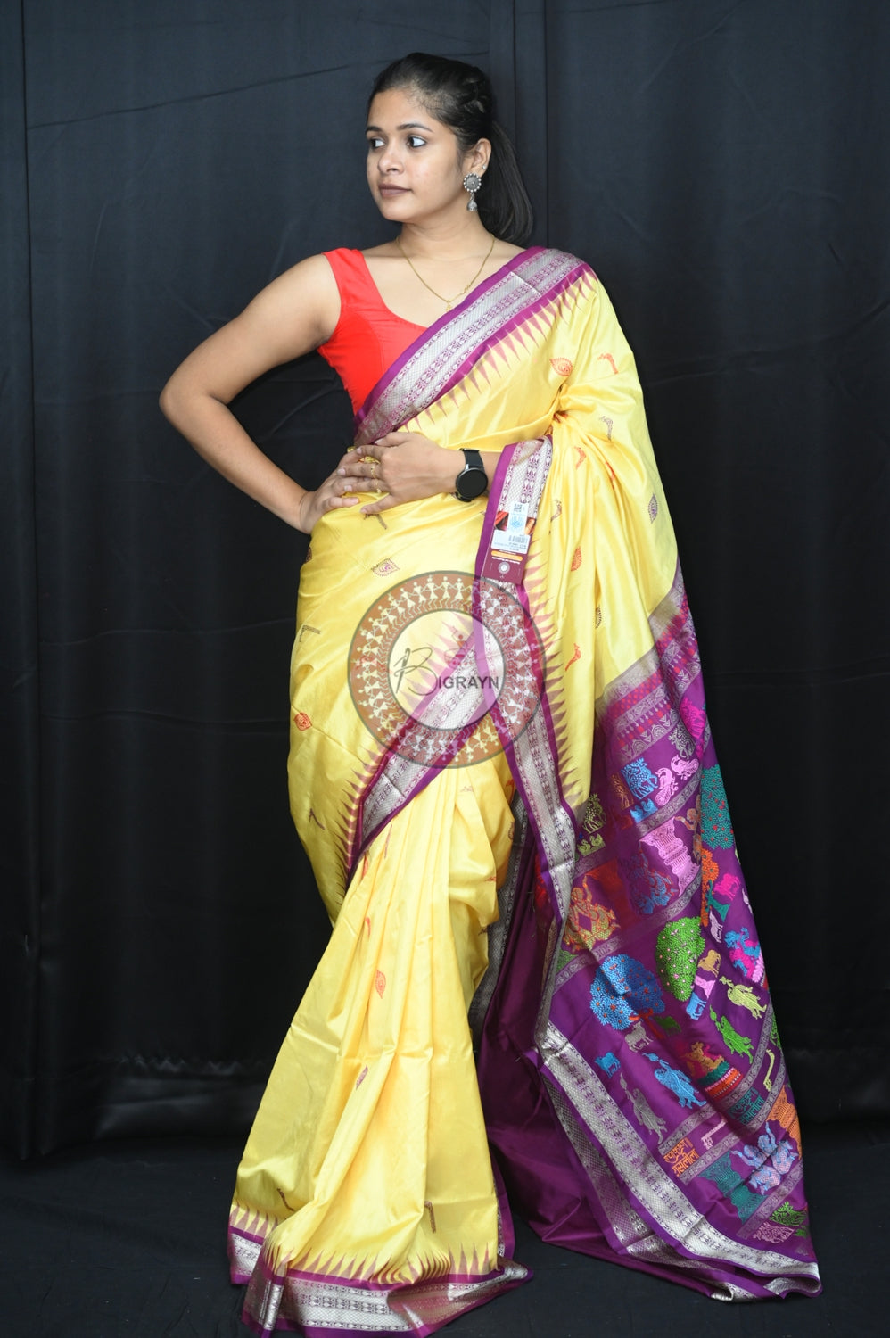 Light Yellow Purple Rasleela Exclusive Sambalpuri Silk Saree