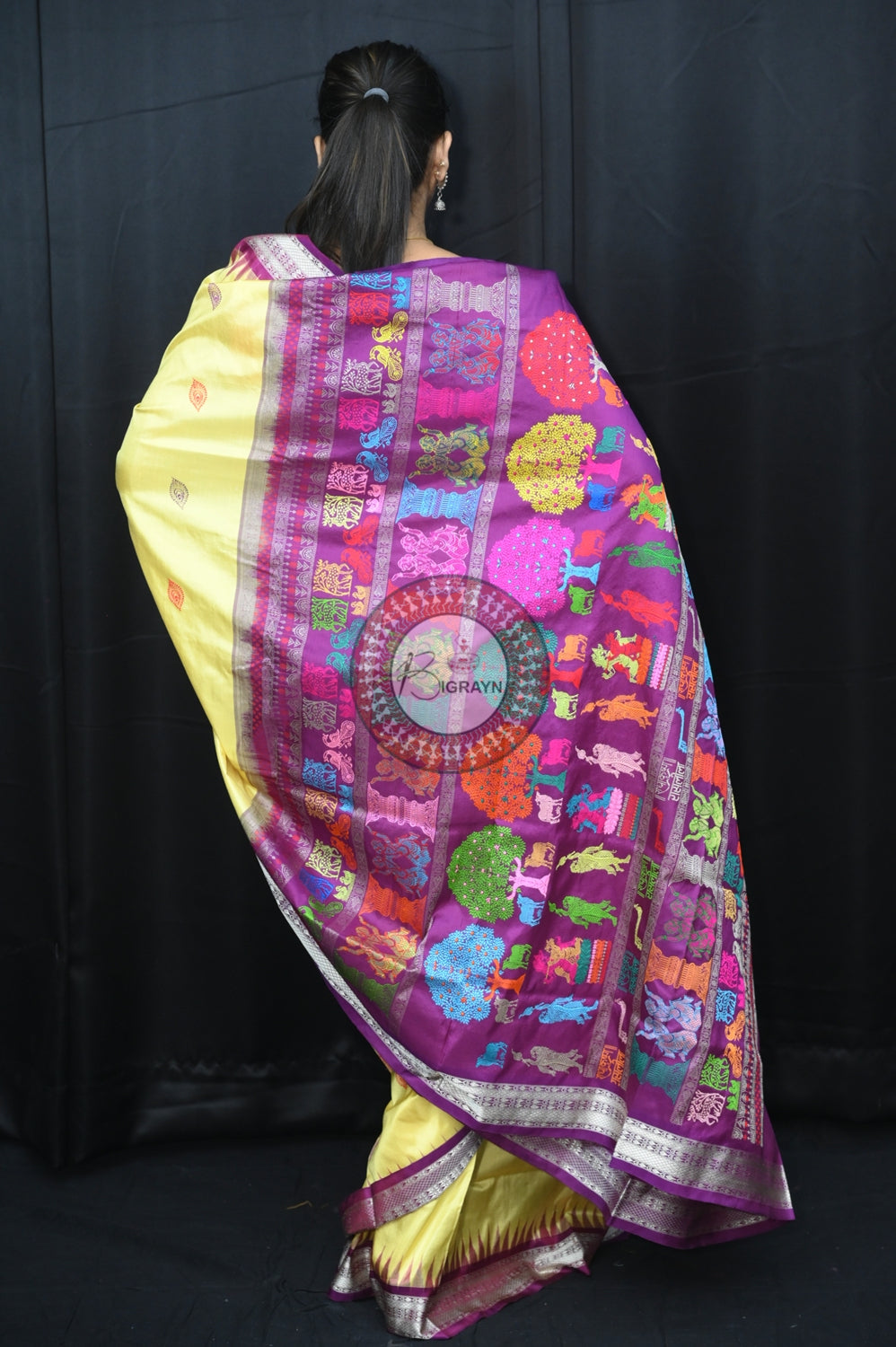 Light Yellow Purple Rasleela Exclusive Sambalpuri Silk Saree