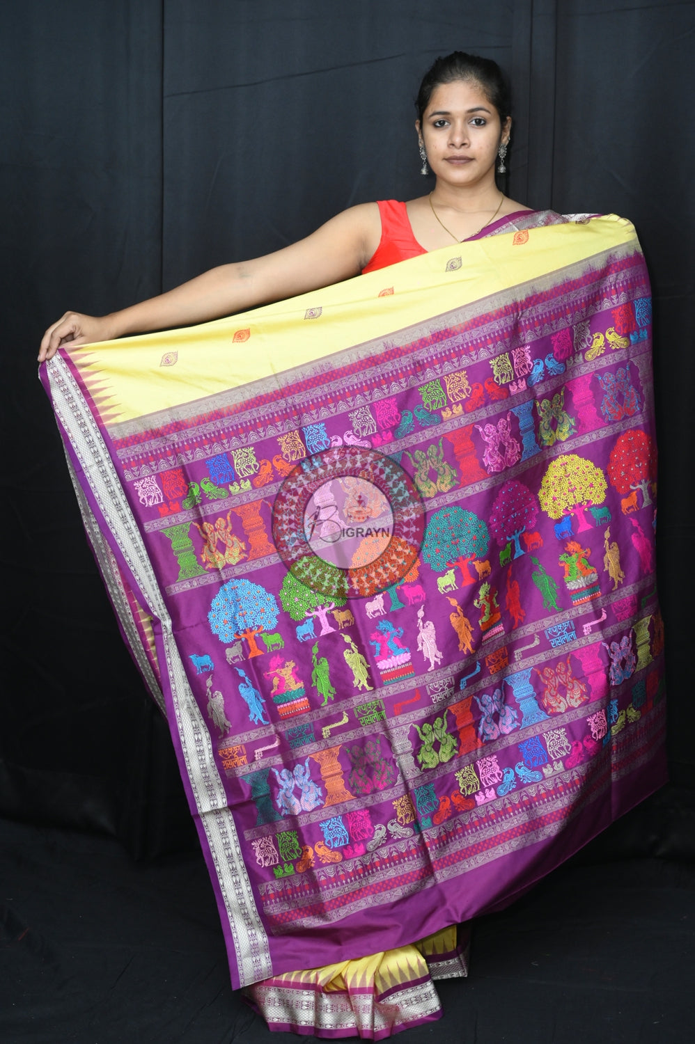 Light Yellow Purple Rasleela Exclusive Sambalpuri Silk Saree