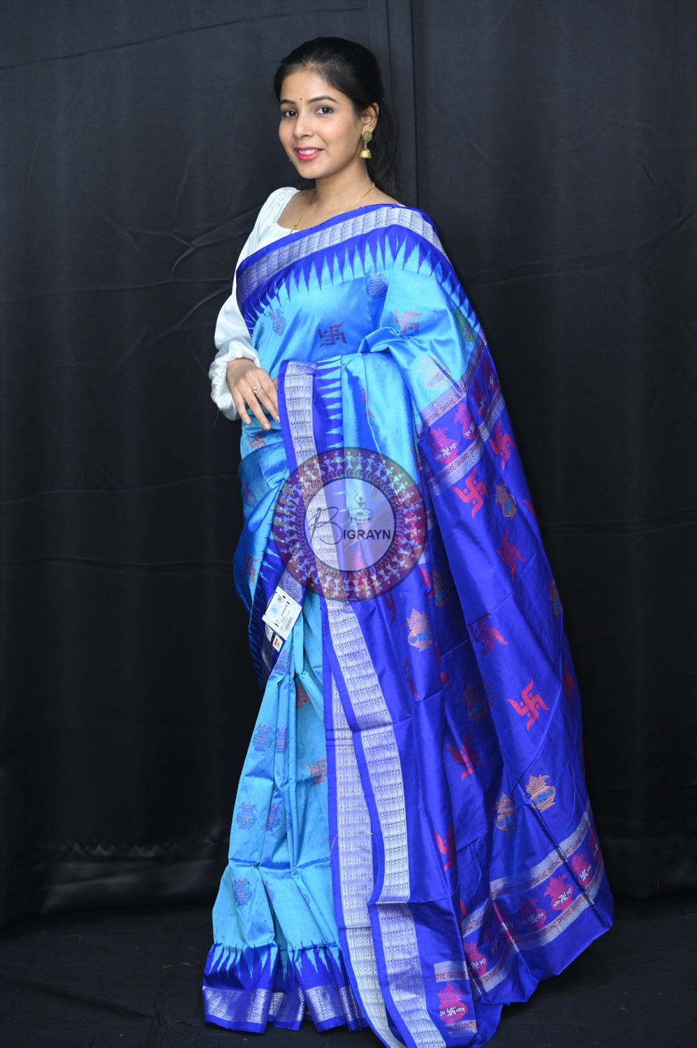 Blue Swastik Kalash Silk Saree