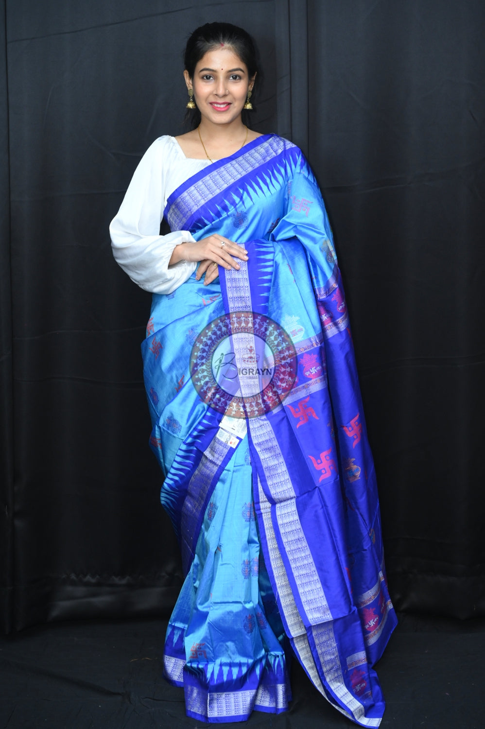 Blue Swastik Kalash Silk Saree