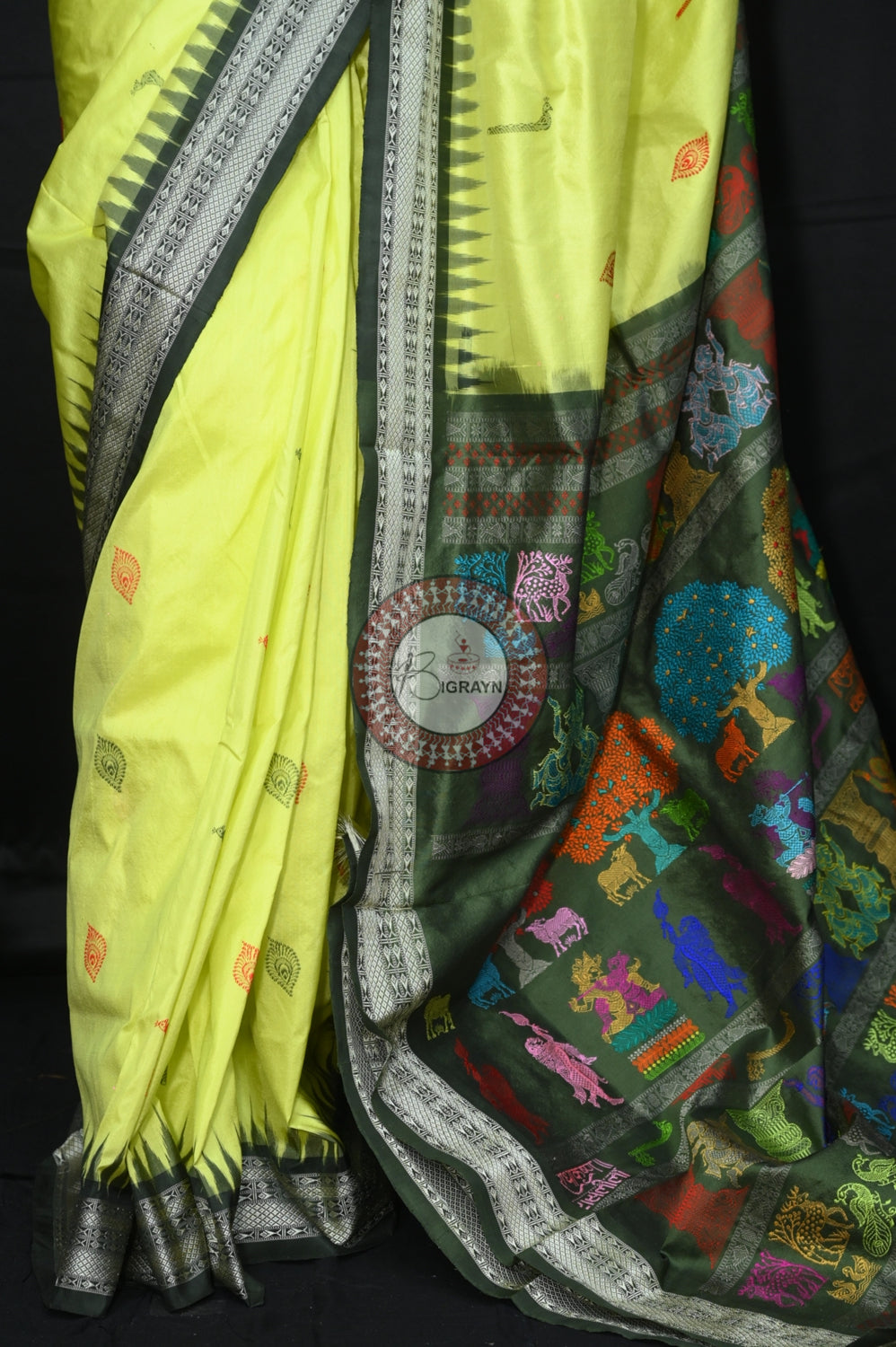 Light Yellow Mehndi Rasleela Exclusive Sambalpuri Silk Saree