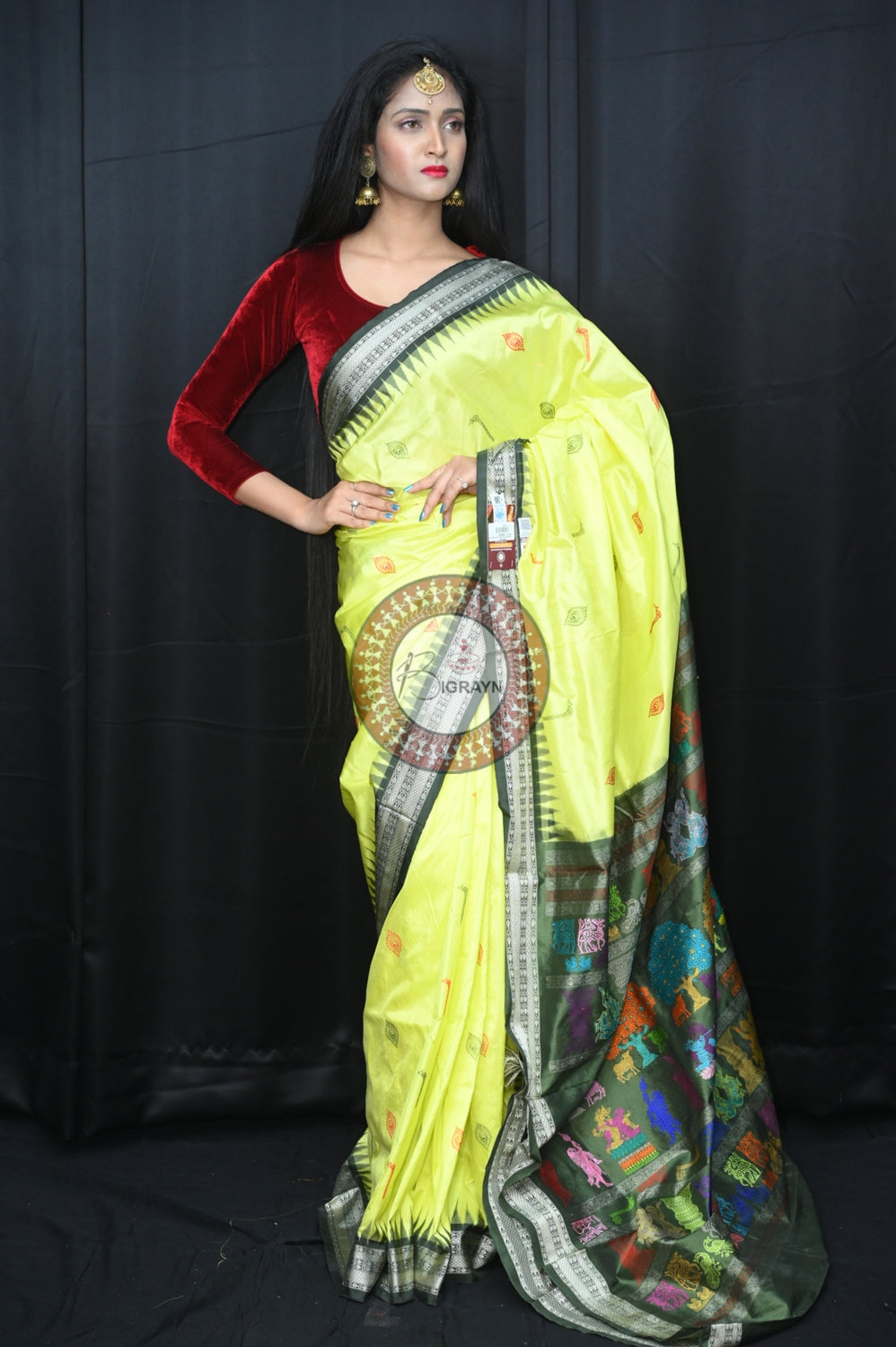 Light Yellow Mehndi Rasleela Exclusive Sambalpuri Silk Saree